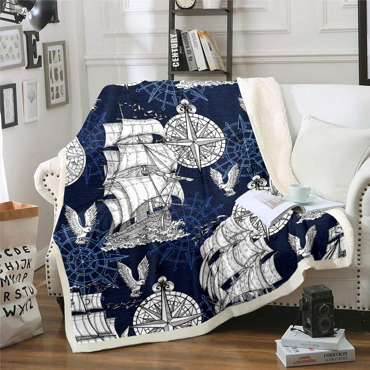 Loussiesd Nautical Theme Fleece Throw Blanket 3D Sailboat Compass Print Sherpa Blanket for Bed Couch Living Room Ocean Wave Sea Adventure King 79"x90"