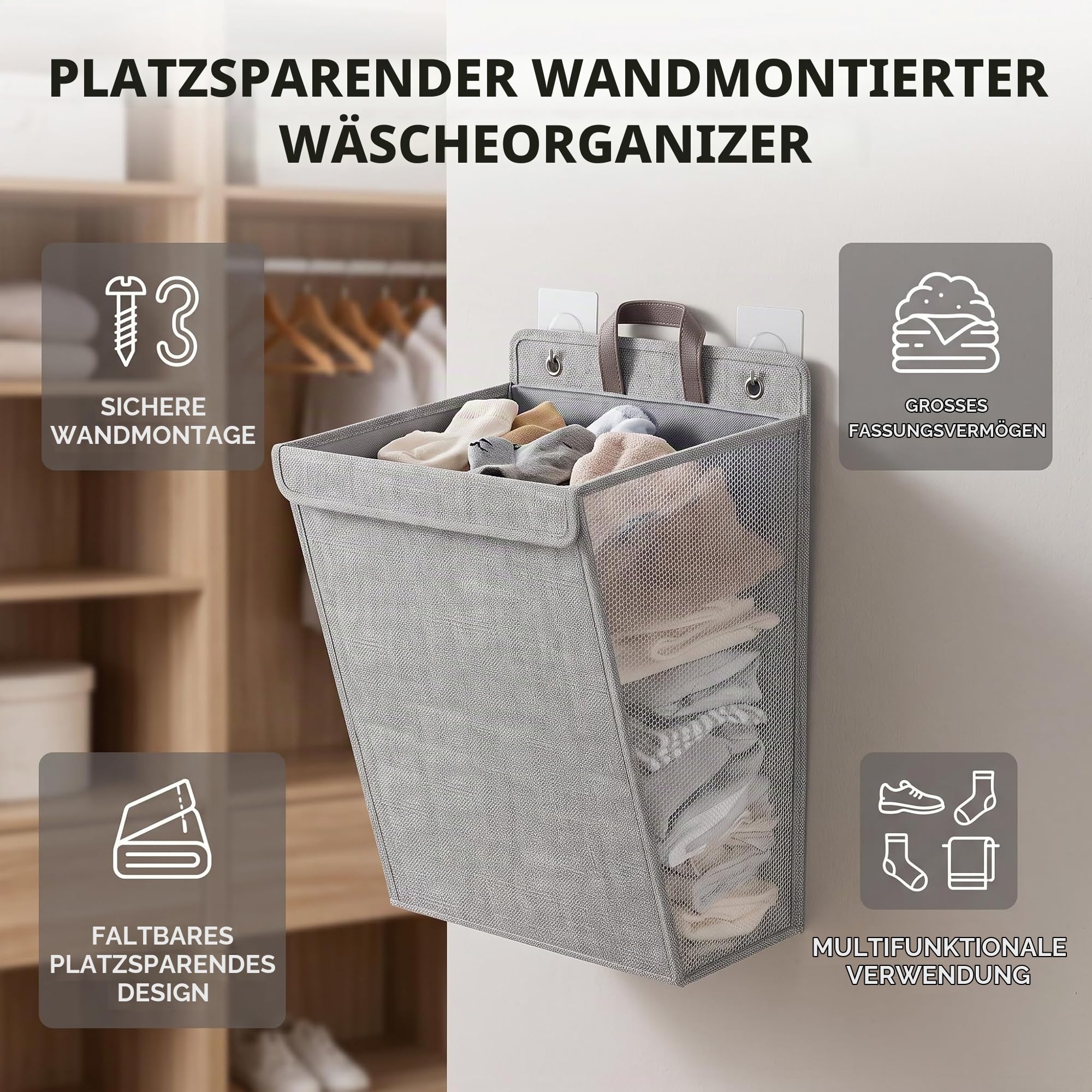 Wäschekorb Zum Aufhängen an der Wand, Großes Fassungsvermögen, Faltbare Multifunktionale Aufbewahrung für Schuhe, Socken, Handtücher, Montierbar, Sorgt für Sauberkeit (grau L)