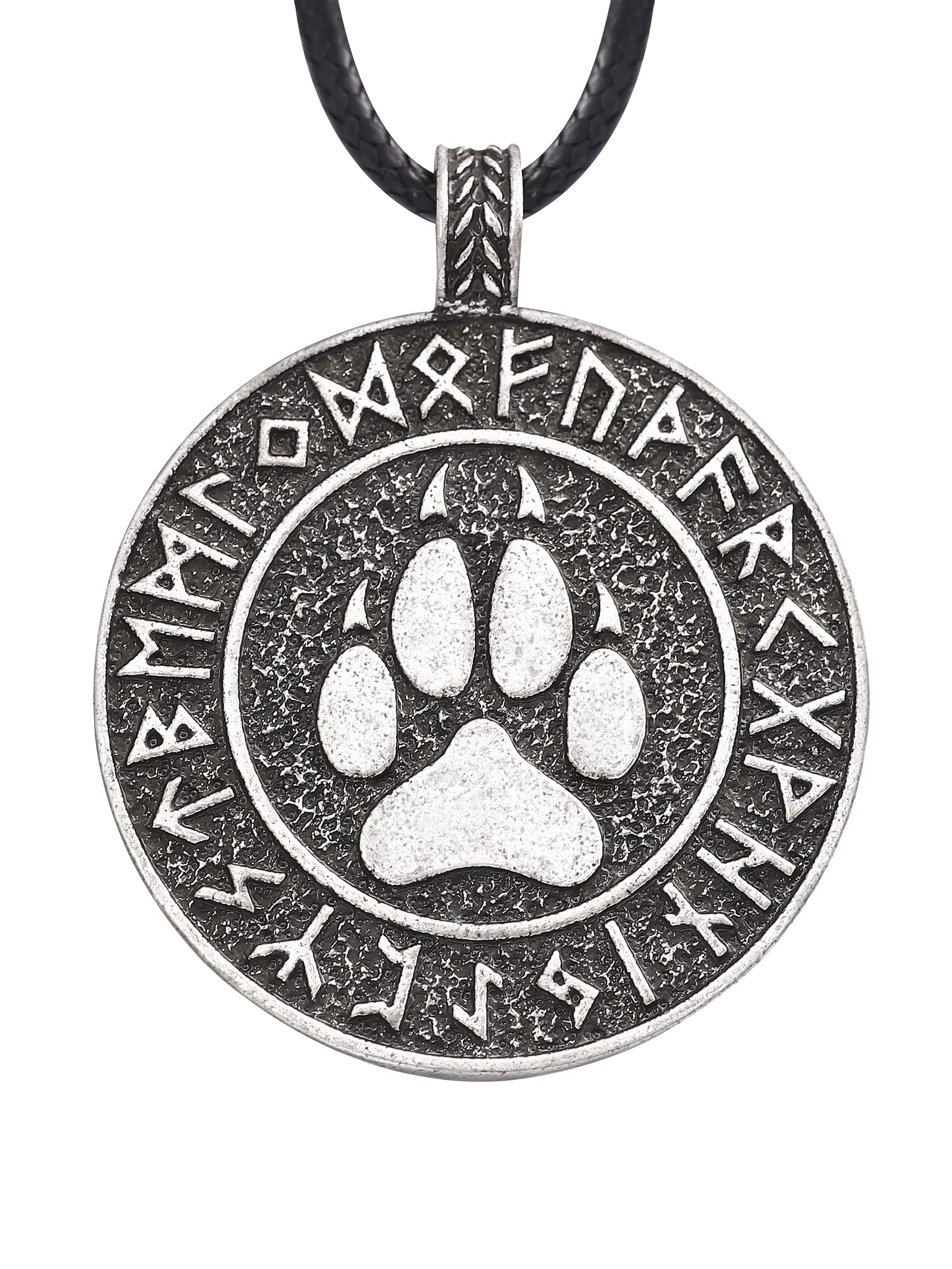 Wolf Necklace, Viking Runes Coin Wolf Pendant, Faux Leather Cord, Viking Jewelry Gift for Men