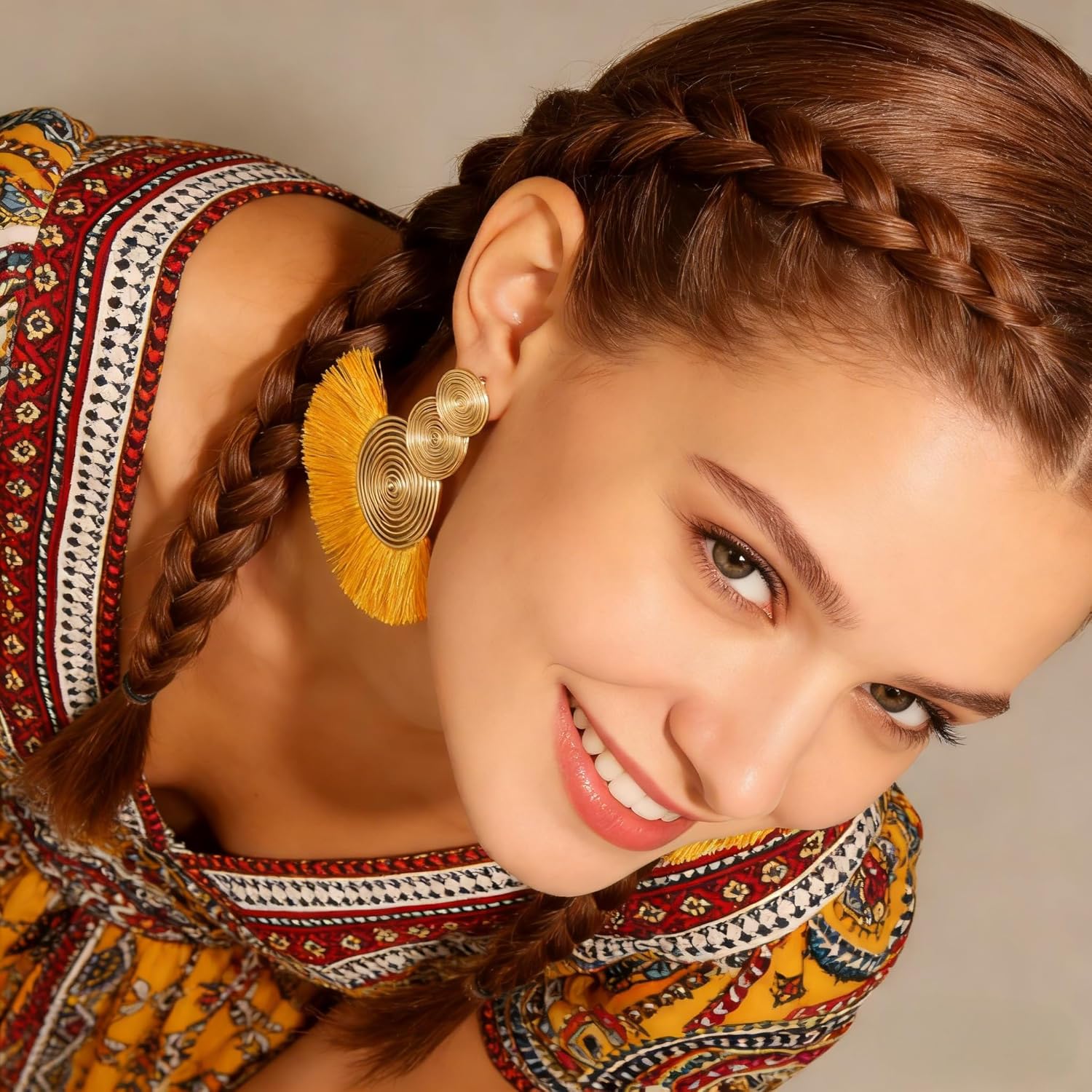 Women's Dark Yellow Boho Fringe Earrings, Statement Dangling Yellow Earrings, Bohemian Hippie Fringe Jewelry for Party, Date & Social Occasions - Image 8