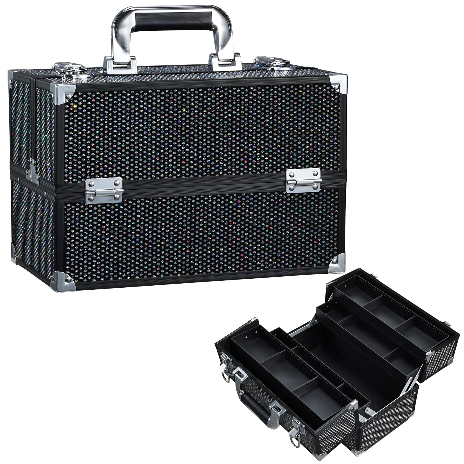 Joligrace Grande valigetta cosmetica, beauty case, trucco, multiuso, per parrucchiere, per il trasporto, con tracolla, Nero abbagliante
