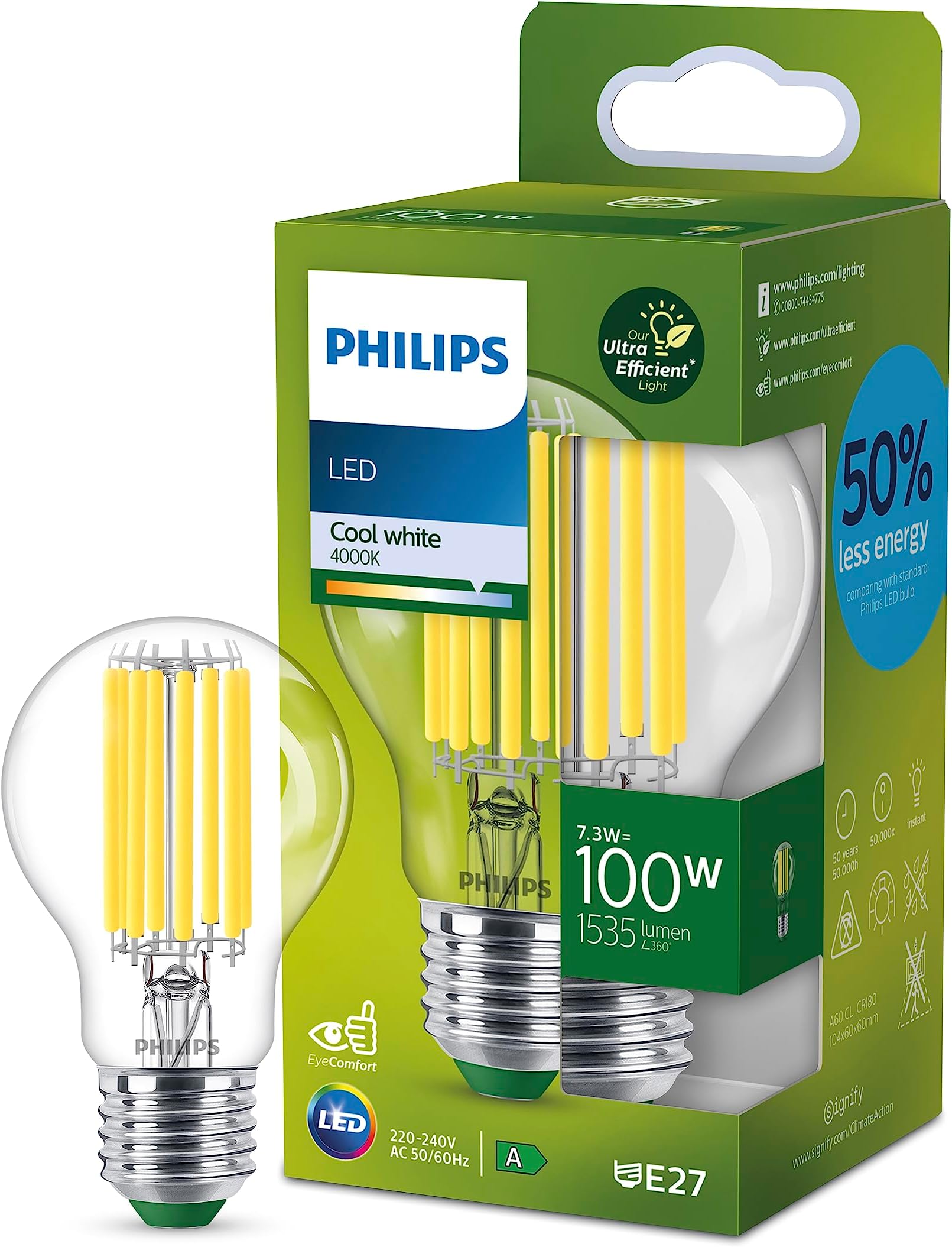 PHILIPS Ultra Efficient - Ultra Energy Saving Lights, LED Light Source, 100W, A60, E27, Cool White 4000 Kelvin, Clear