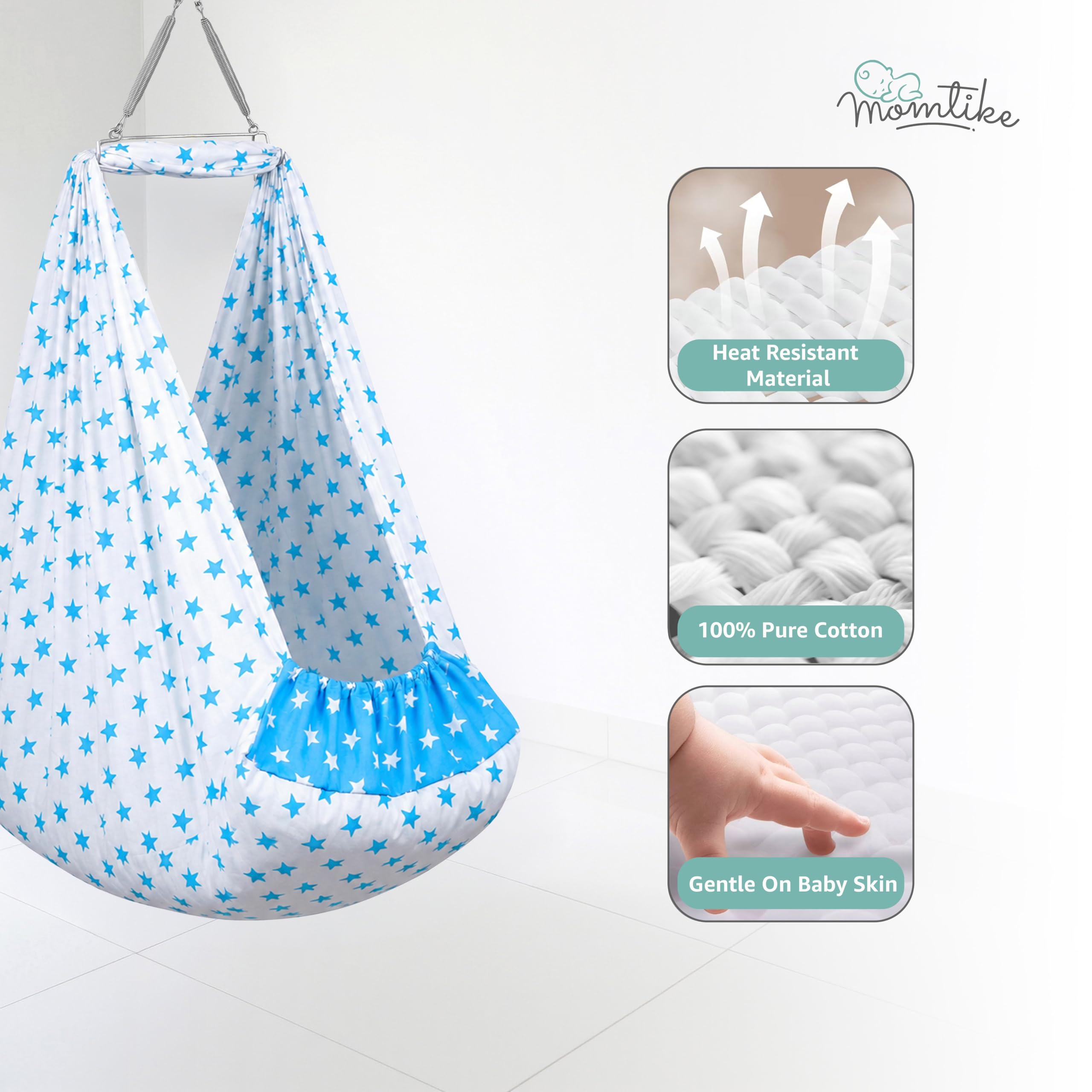 Baby Cradle̞, Foldable Window Hanger with Sliding Lock, Hanger Spring, Mosquito Net & Pad with Insert Pocket, Jhoola, Thottil, Joli, Jokali, Onjal (White Blue) 3