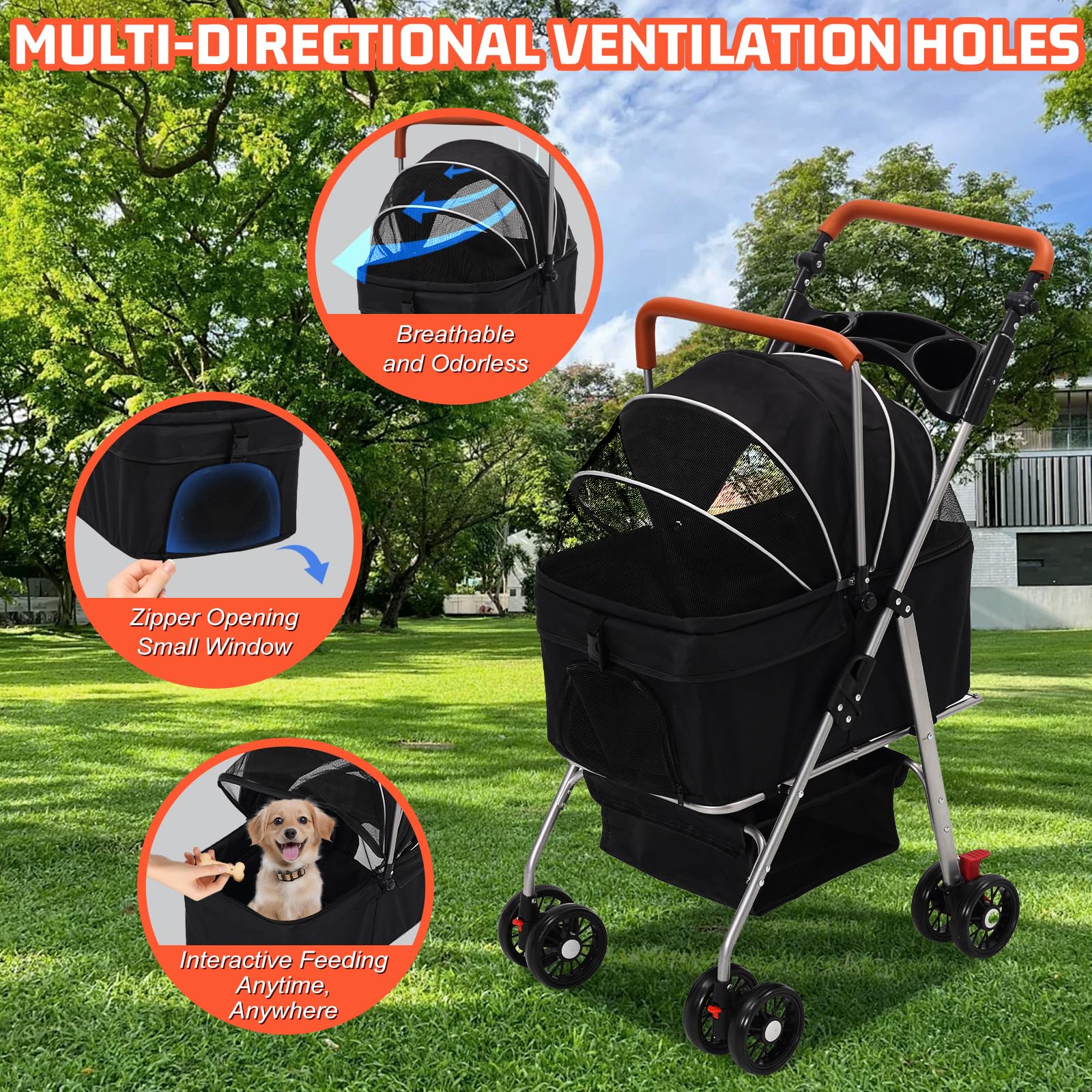 Cochecito para Perros 3 en1,Carro Perro Plegable,Hasta 20kg, Carrito Perro Con Rueda Universal de 360° con Freno,Cesta de Almacenamiento,Ventana de Malla,Portavasos y Asa Ajustable,para Perros Gatos