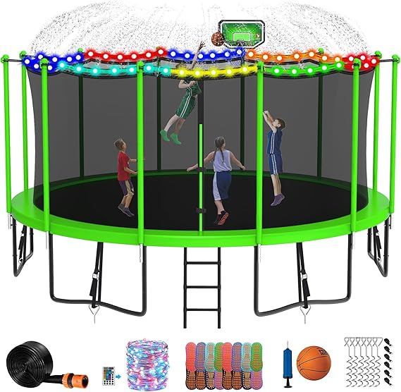 DeepRoar Tranpoline for Kids and Adults, 1500LBS 16FT 15FT 14FT 12FT 10FT 8FT Tranpoline with Basketball Hoop, Safety Enclosure Net, Heavy Duty Tranpoline with Light, Sprinkler, Socks, ASTM Approved