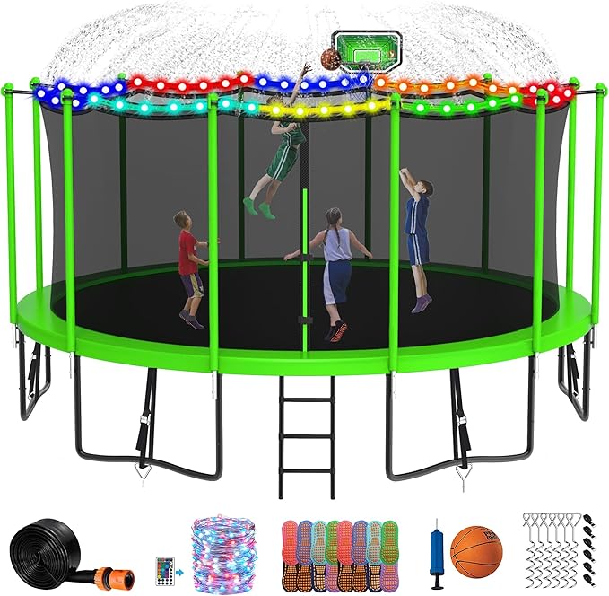 DeepRoar Tranpoline for Kids and Adults, 1500LBS 16FT 15FT 14FT 12FT 10FT 8FT Tranpoline with Basketball Hoop, Safety Enclosure Net, Heavy Duty Tranpoline with Light, Sprinkler, Socks, ASTM Approved