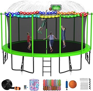 DeepRoar Tranpoline for Kids and Adults, 1500LBS 16FT 15FT 14FT 12FT 10FT 8FT Tranpoline with Basketball Hoop, Safety Enclosure Net, Heavy Duty Tranpoline with Light, Sprinkler, Socks, ASTM Approved