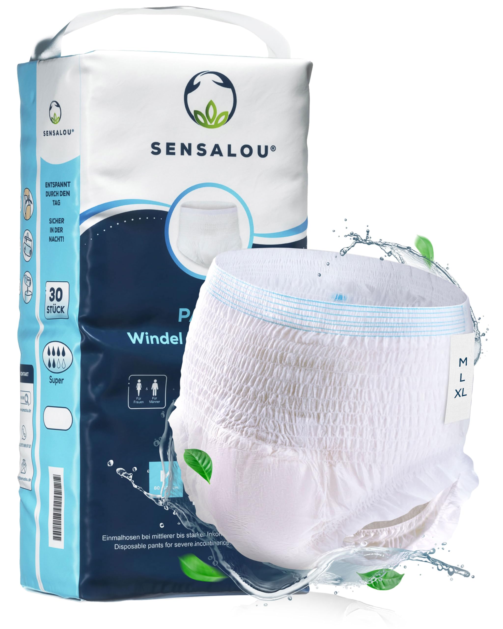 Sensalou Pants Pannoloni Mutandina Per Adulti - Taglia M 30 Pezzi – Biancheria Intima Unisex Per Incontinenza Urinaria Grave, Alta Assorbenza 2480 ml, Discreti E Certificati Dermatest