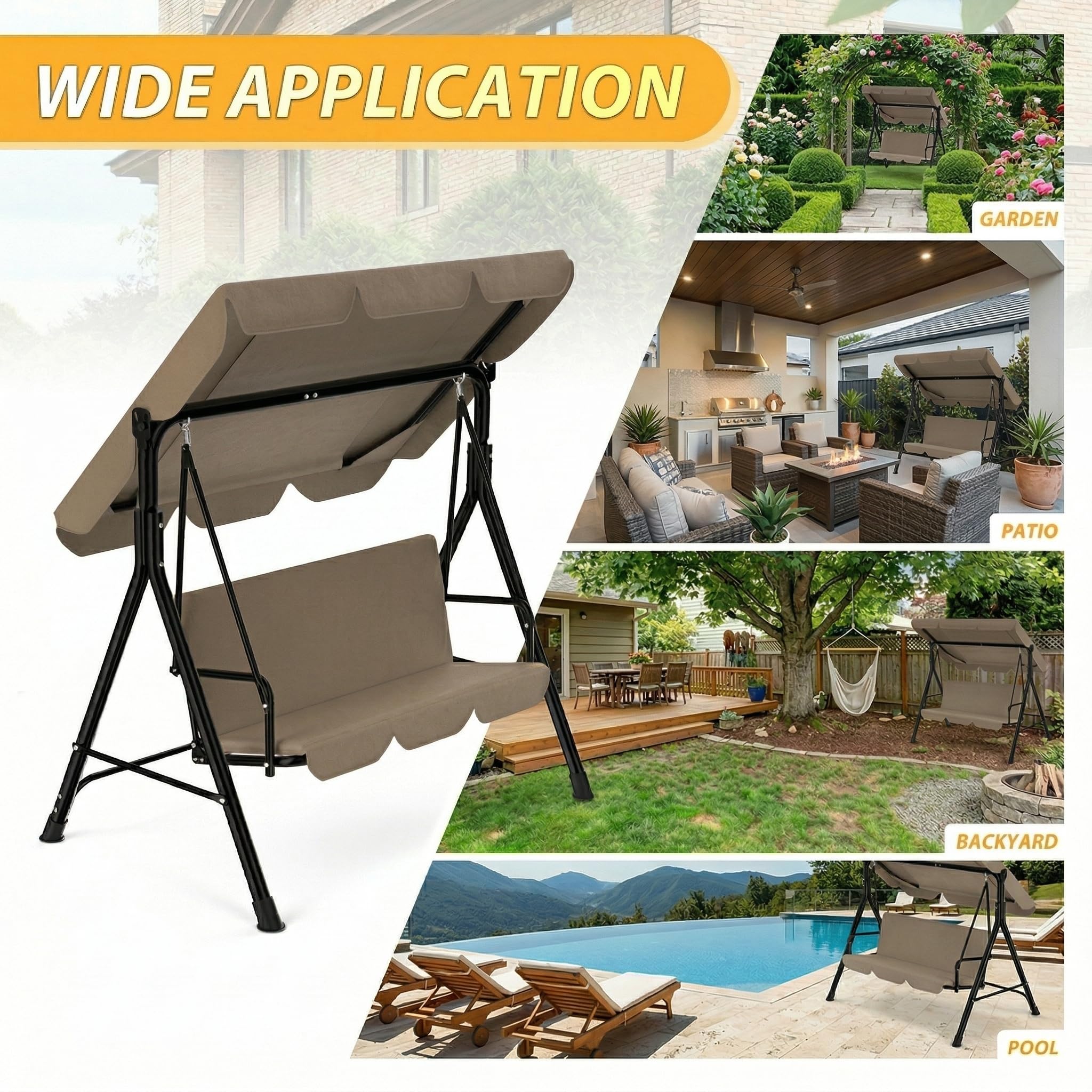 Dondolo a 3 posti, marrone scuro, con tetto regolabile e imbottitura confortevole da 6 cm, telaio in acciaio 200 kg, resistente alle intemperie, per esterni, marrone scuro, 175 x 110 x 152 cm