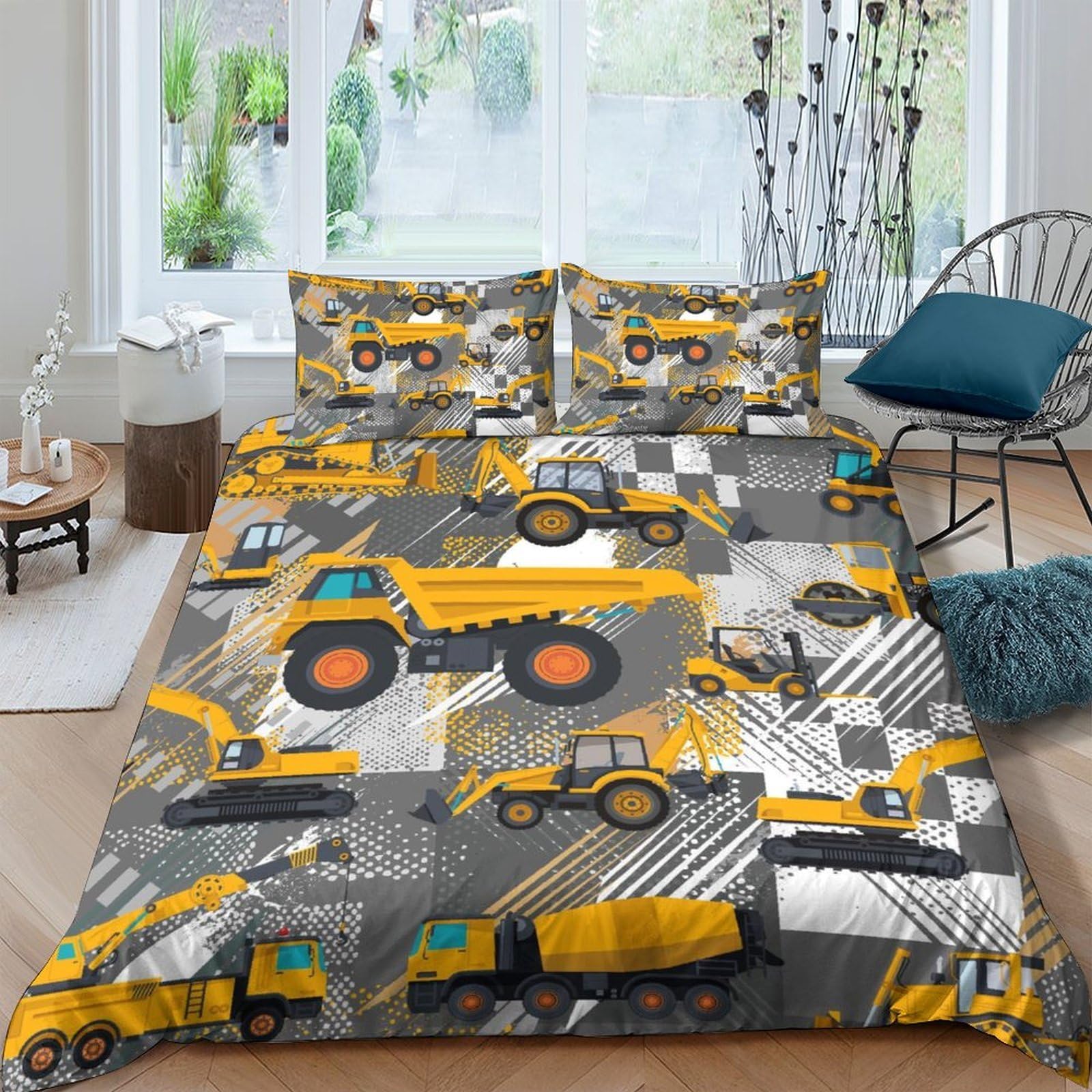 Ctjqhvkz Style-2 3D Printed Construction Vehicles Fitted Sheet Microfiber Yellow Grey Excavator Truck Bed Cover For Bedroom Decor Single（135X200cm）