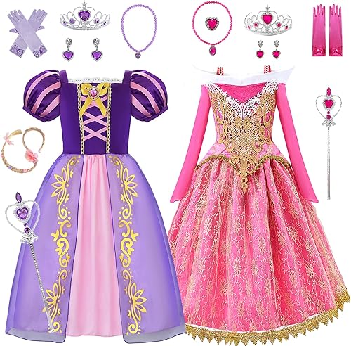 Aoiviss Disfraz de princesa Rapunzel para niñas con princesa de belleza durmiente, juegos de 2 juegos de Halloween para cosplay, 7140