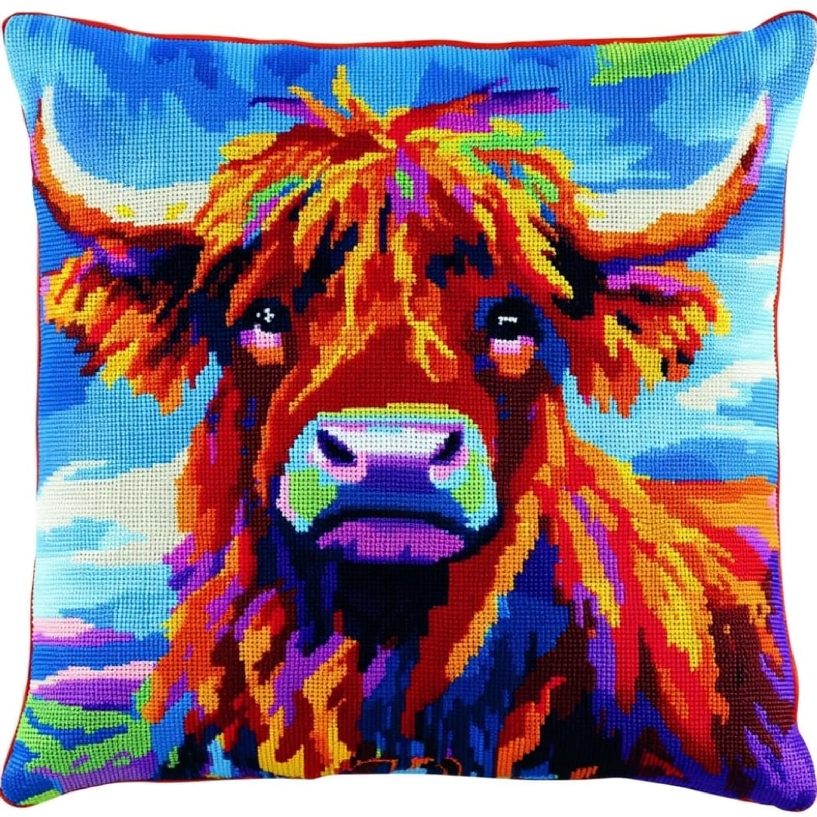 WallustrioaW DIY Stamped Cross Stitch Pillow Kits,Animals, Highland Cattle, 006 11CT Needlepoint Handmade Cushion Cover Home Sofa Christmas Decoration 45x45cm