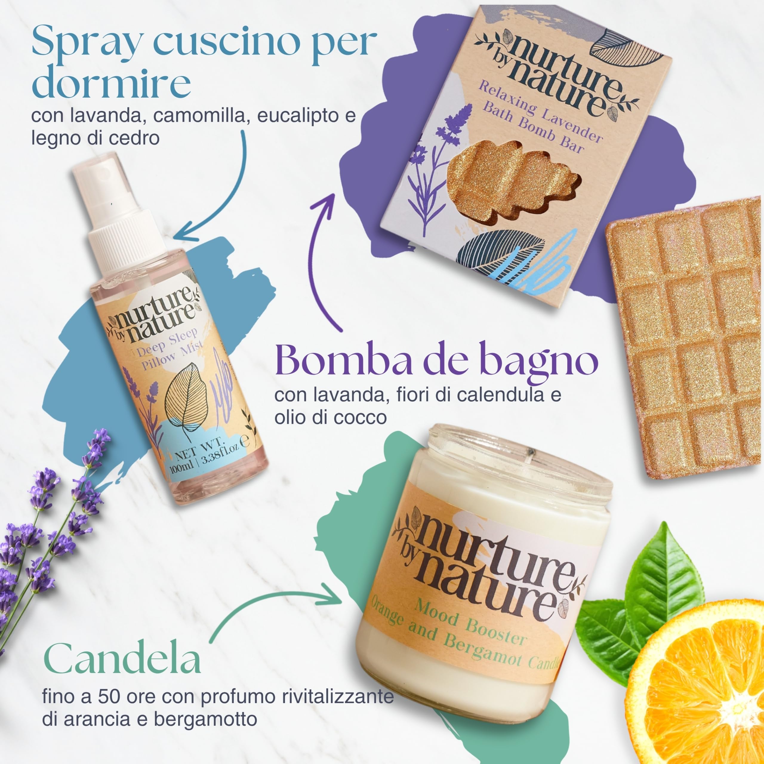 NURTURE BY NATURE Set Regalo Donna Rilassante – 6 pezzi con candela profumata, spray cuscino alla lavanda, sali da bagno e crema mani – idea regalo San Valentino e Festa della Mamma, compleanno
