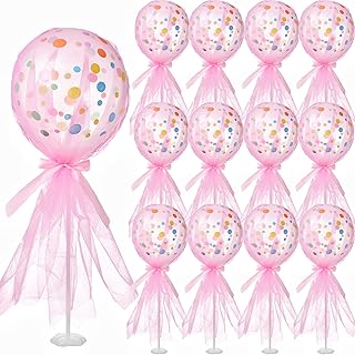 12 Set Pink Tutu Tulle Balloons Table Centerpieces 12 Inch Polka Dot Balloons Pink Baby Shower Balloons with Column Base Kit for Baby Shower Girls Birthday Party Wedding Table Decoration