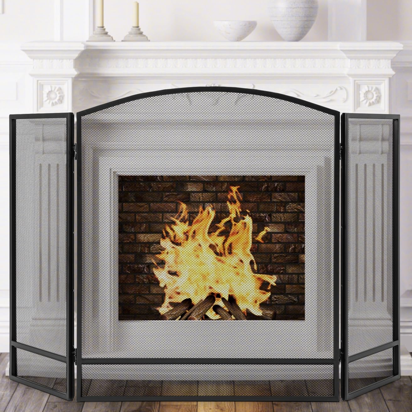 3-Panel Folding Fire Guard, Metal Mesh Fireplace Screen, Heavy Duty Freestanding Spark Guard Safety Barrier for Child Baby Pet Open Fire (No Pattern, 123 x 74cm)