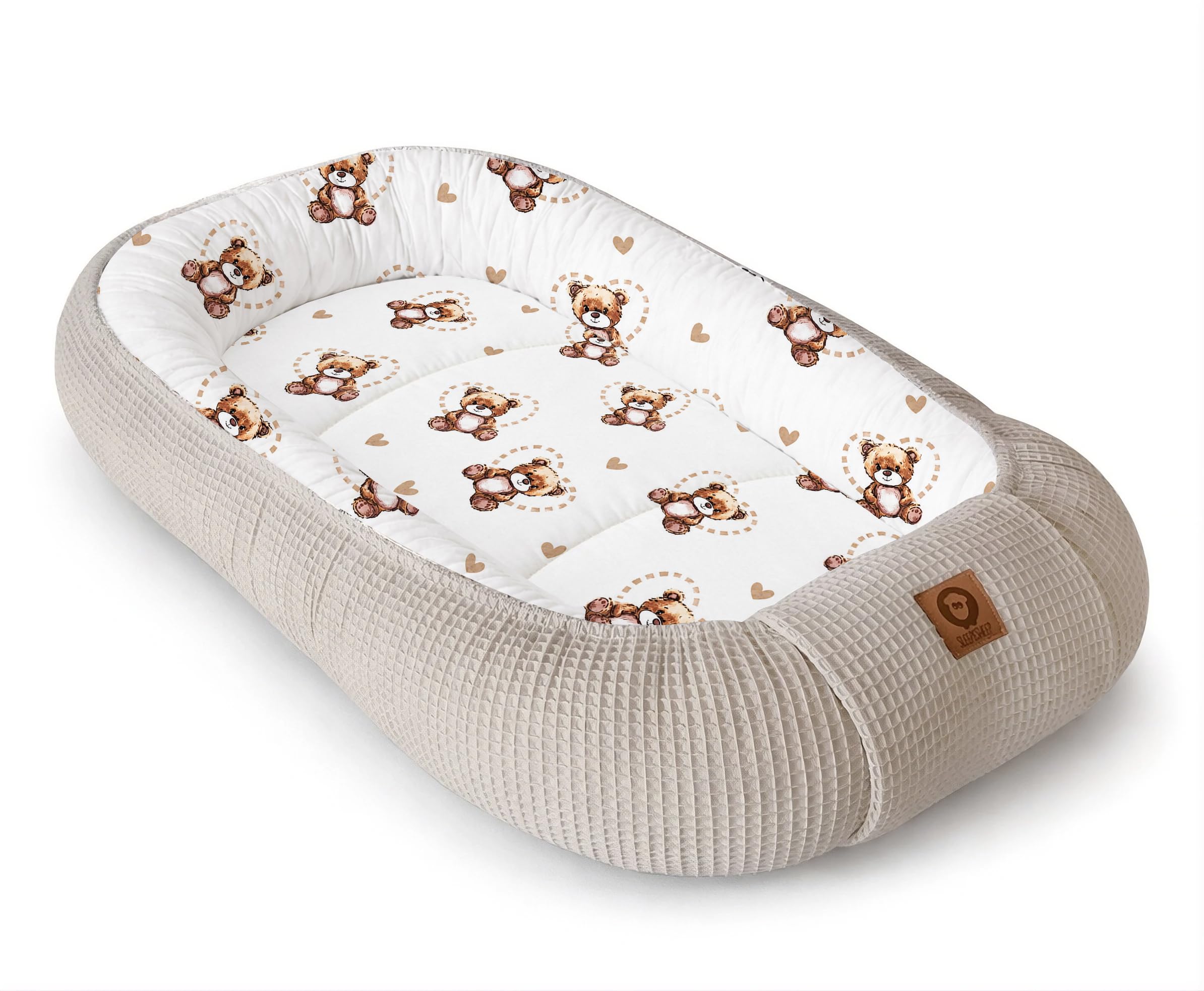 Babynestchen Neugeborene – Nestchen Baby aus Waffel Baumwolle & Baumwollstoff – Babynest für Babybett & Kinderbett – Baby Kokon Tragbar – OEKO-TEX zertifiziert – Zubehör für Babybett - Bärchen + Sand