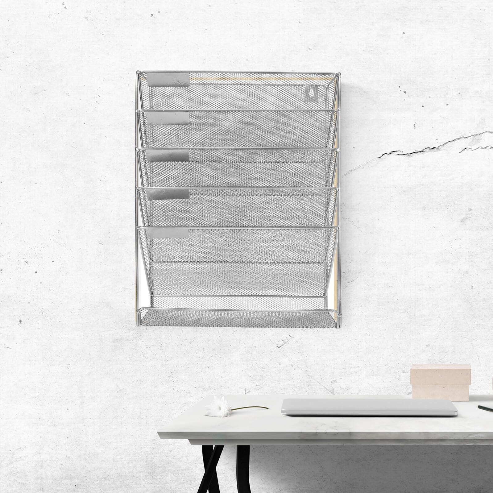 BESTonZON Organisateur Mural de Dossiers Multifonction 5 Niveaux en Métal Argenté, Porte-Documents Suspendu pour Bureau, Salle D'étude et Rangement de Documents, Titulaire de Document
