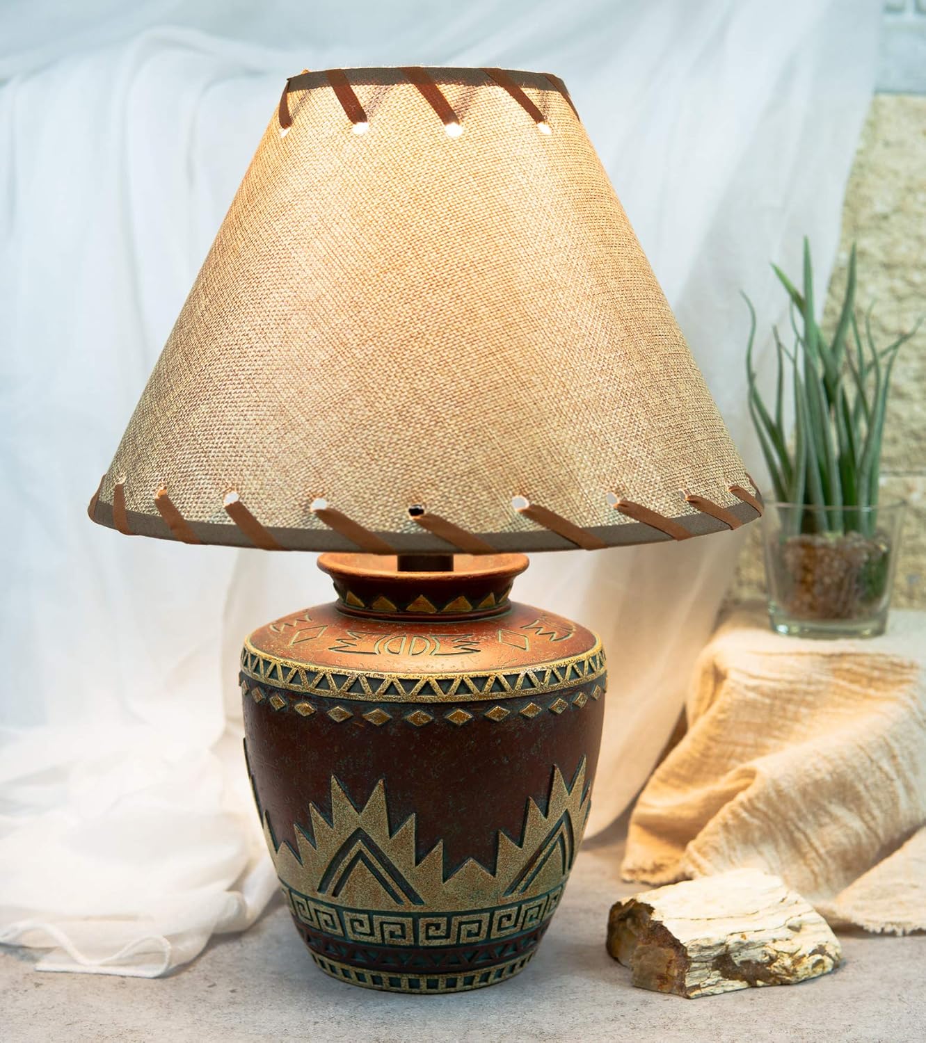 Ebros Red Southwest Tribal Greco Navajo Vector Geometric Design Petite Vase Shaped Desktop Side Table Lamp with Burlap Shade 15" Tall Native Indian Country Western Bedside Home Accent Lighting Decor