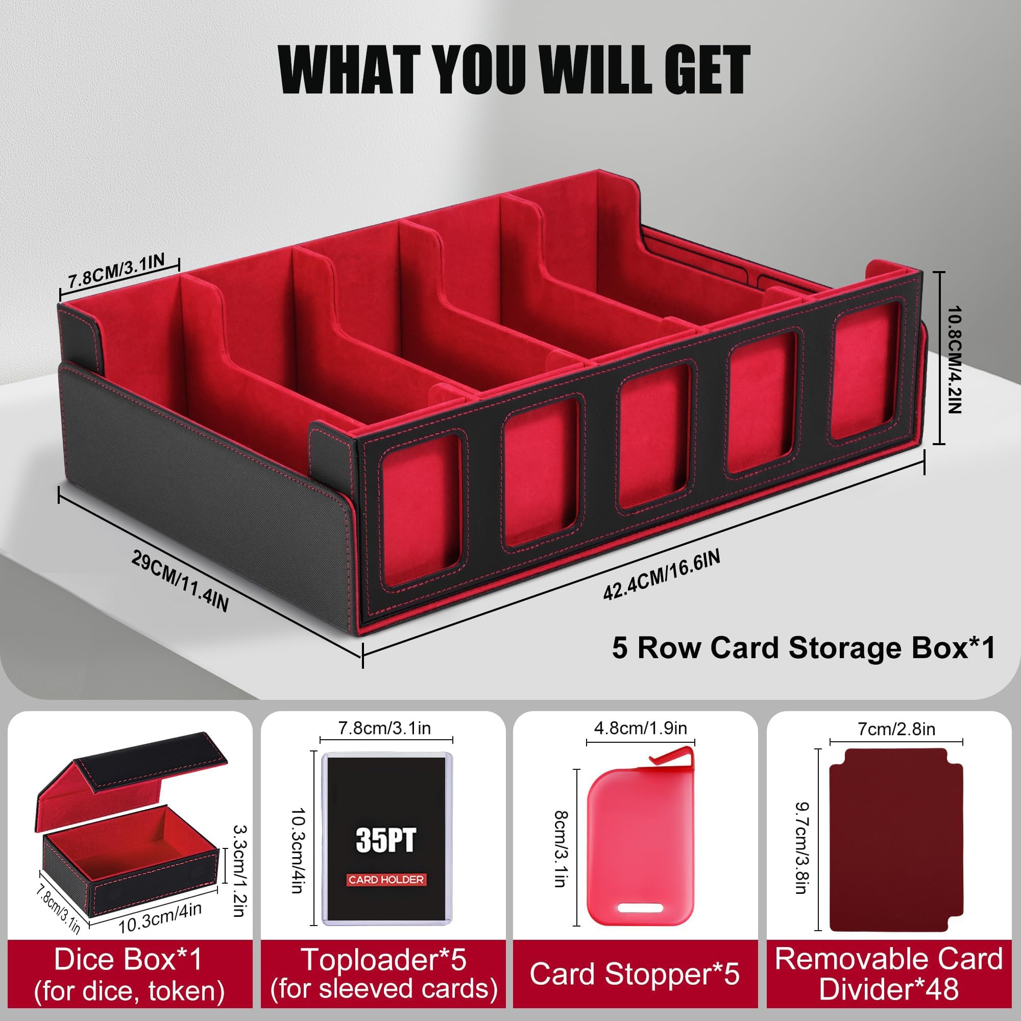 Trading Card Storage Box mit Commander Display, 3900+ Karten Commander Deck Case hält mit abnehmbarem Deckel, 5-Reihe MTG Organizer für TCG PTCG Sports Card,5 Toploader,50 Teiler (Rot)