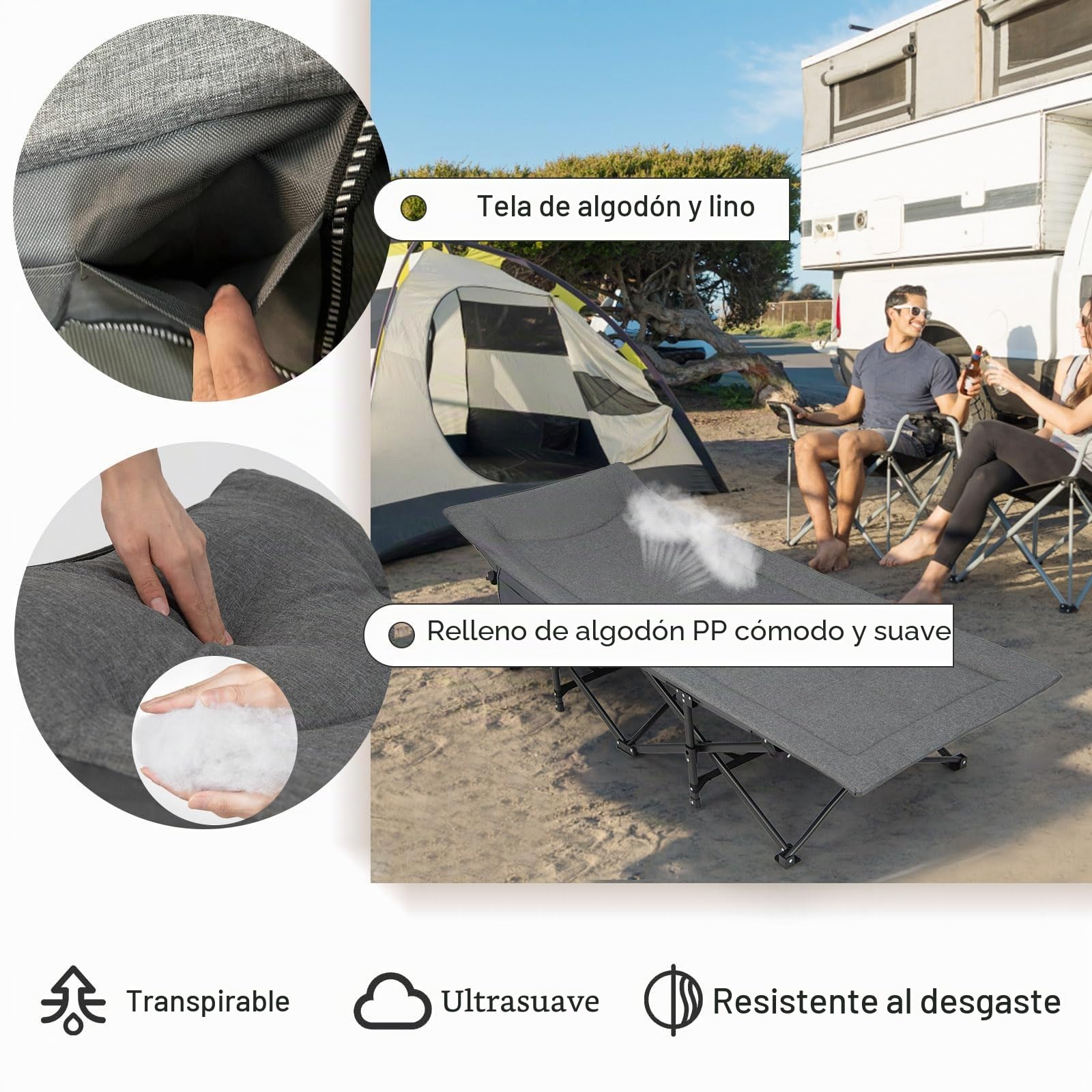 KOMFOTTEU Cama de camping con bolsa de almacenamiento, de tela Oxford y metal, cama de camping plegable 190 x 68 x 48,5 cm, cama de campo XL portátil, antideslizante, soporta hasta 200 kg