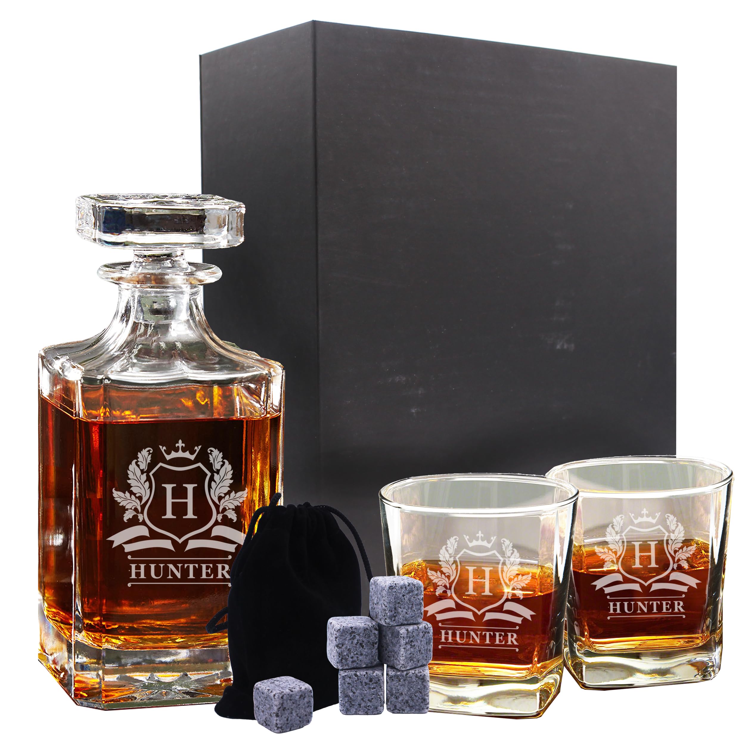 Personalized Whiskey Decanter and Glasses Set - Custom Monogrammed with Cavalier Design