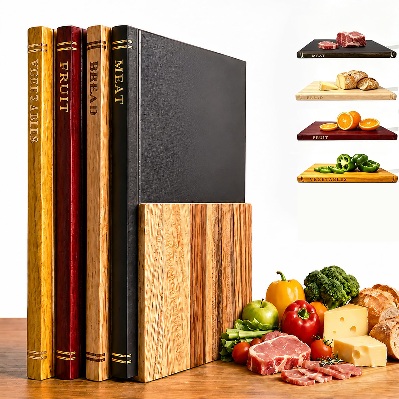 Buch Schneidebrett Set, 3 Stück Schneidebrett Holz Set mit Ständer, für Obst, Gemüse, Fleisch, Fisch, Käse und Brot, für Küchendeko und als Geschenk (3, Braun)