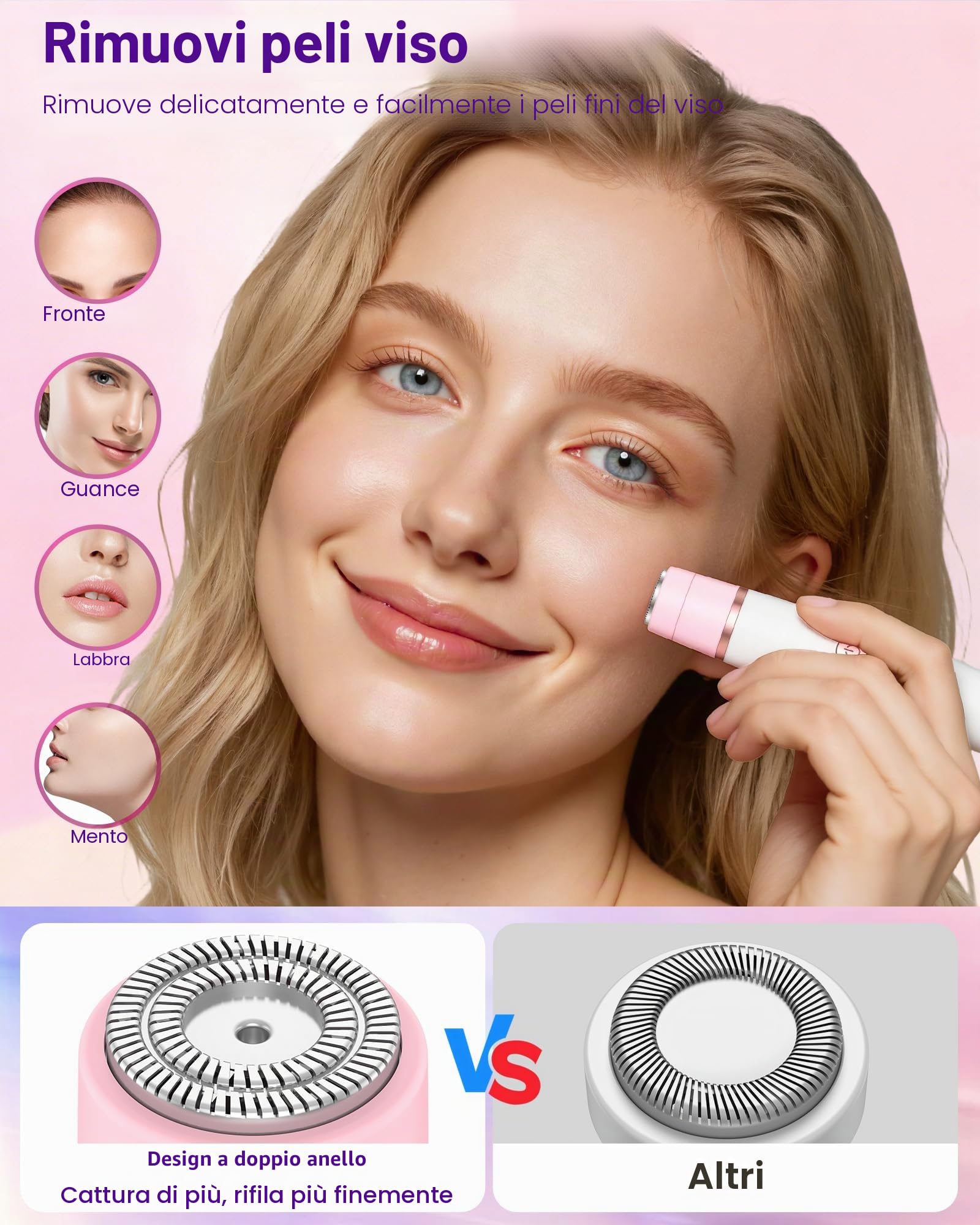 Rasoio Elettrico Donna Parti Intime: 4 in 1 Indolore Depilatore Corpo Donna per Viso, Corpo, Sopracciglia, Gambe e Ascelle, Uso Bagnato e Asciutto, Senza Filo, USB-C Ricaricabile con Borsa, Regalo