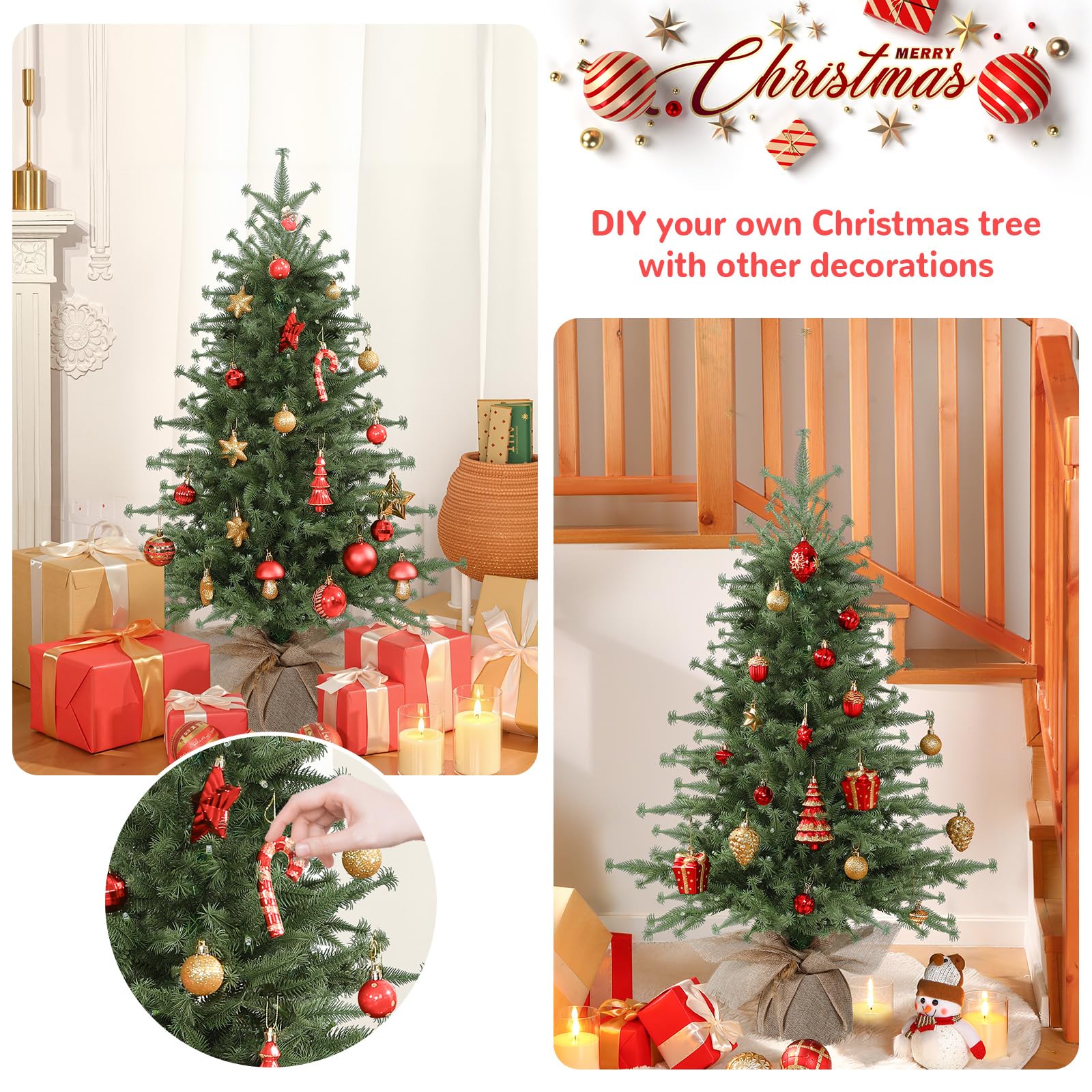Alupssuc 3FT Albero di Natale Preilluminato, 90 Luci LED E 12 Modalità, Mini Albero di Natale Artificiale con Rami in PE Simili a Fiori Per Decorazioni Natalizie Interne Ed Esterne