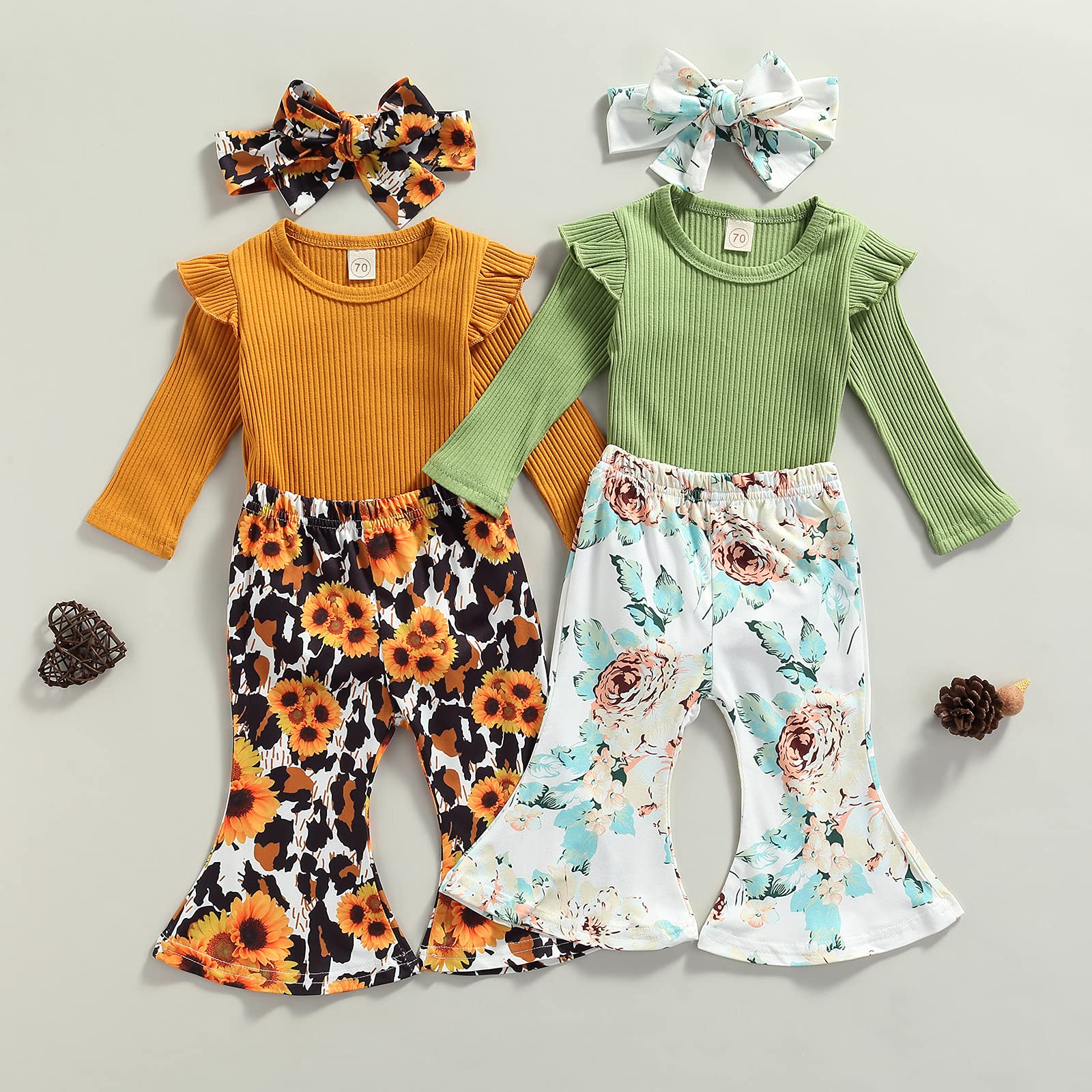 Karesoull Fall Winter Newborn Baby Girl Clothes Set Floral Outfits Infant Long Sleeve Solid Ribbed Tops Flare Pants 3PCS (Green, 12-18 Months)