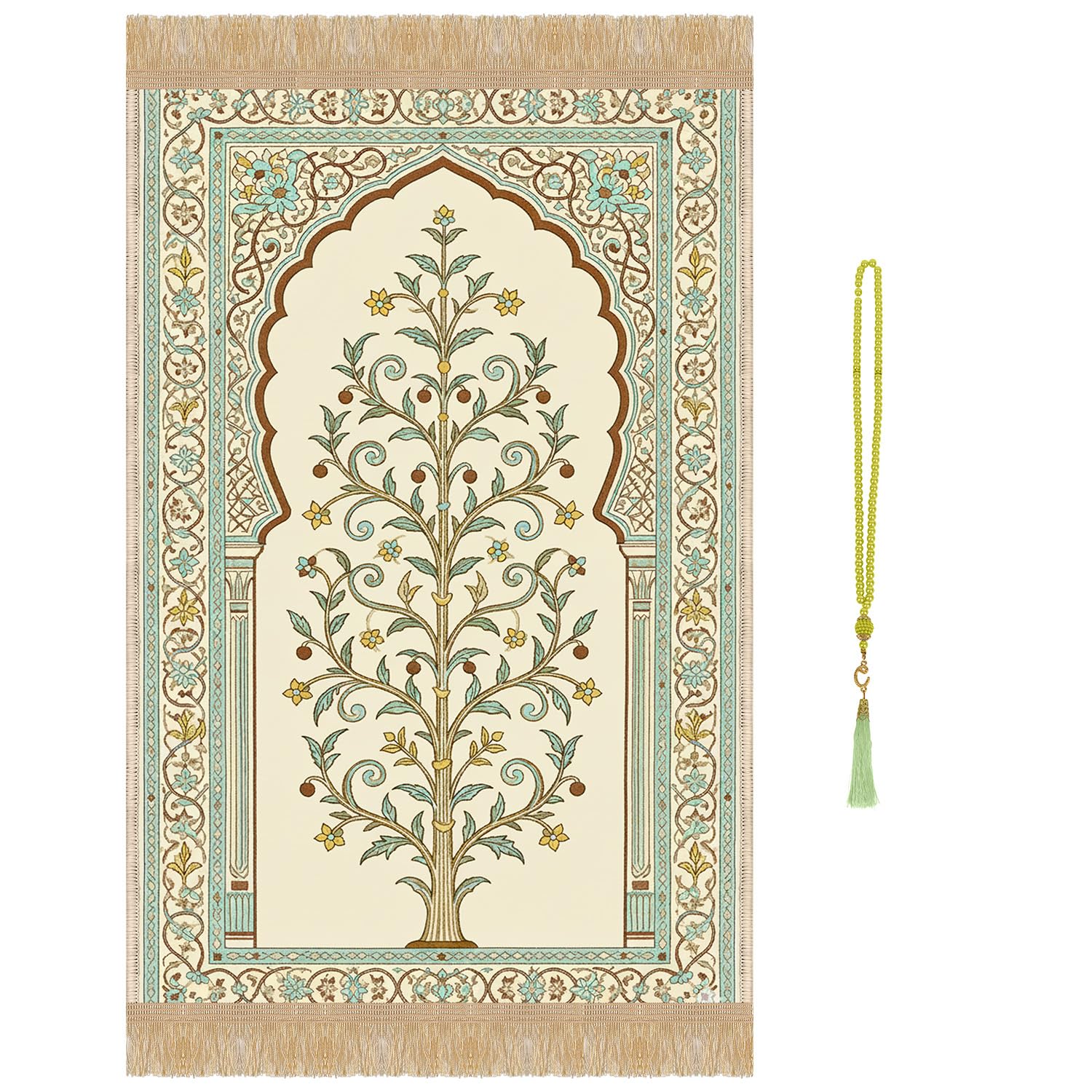 Prayer Mat Beads Ramadan Gifts - Thick Green Muslim Prayer Rug Islamic Tasbih Prayer Beads, Islamic Praying Mat Carpet for Namaz Salah Meditation Eid