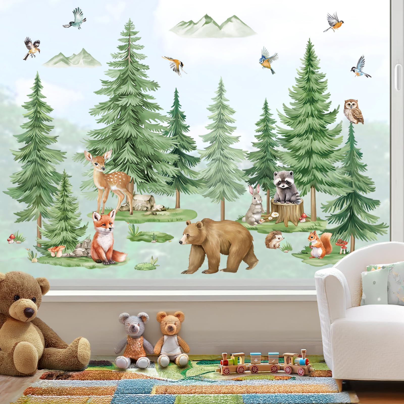 wondever Spring Woodlands Animals Window Clings Pine Tree Bear Deer Glass Sticker Decal Anti Collision Double-Side Static Window Stickers for Kids Bedroom Windows Home Glass