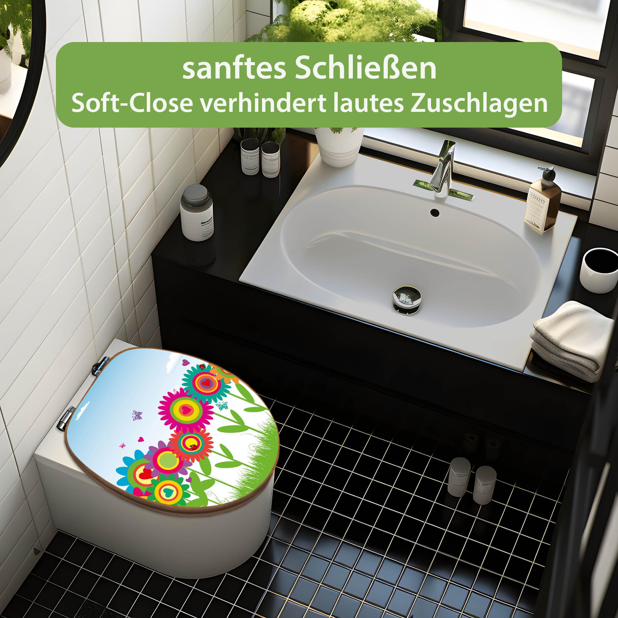 banjado Design WC Sitz Bambus Absenkautomatik 45,8x37,5cm - Toilettendeckel mit Absenkautomatik Holz - hochwertiger Bambus Klodeckel - WC-Sitz für gängigen Toiletten - Motiv Bunte Blumen