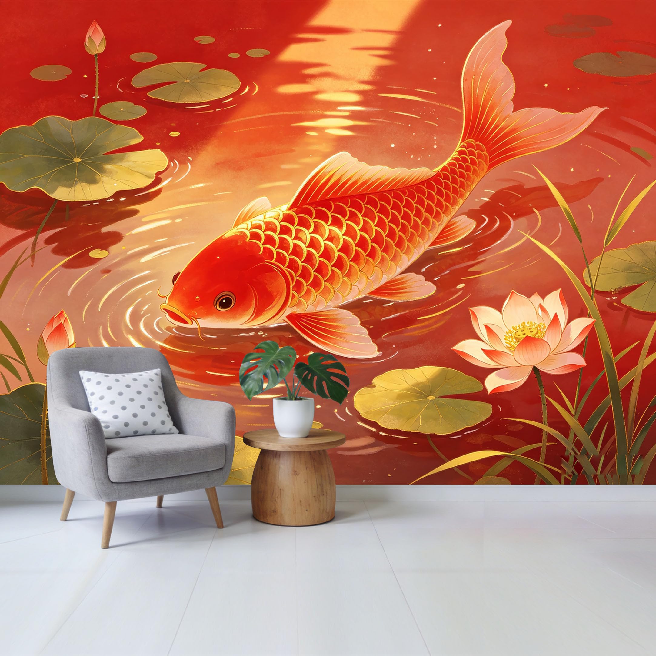 Qzlithotic Yq2605251220 Custom Size Wall Mural Traditional Chinese Koi Fish Pond Watercolor Botanical Lotus Flowers Selfadhesive Wall Fabric Removable Wallpaper For Home Office Decor