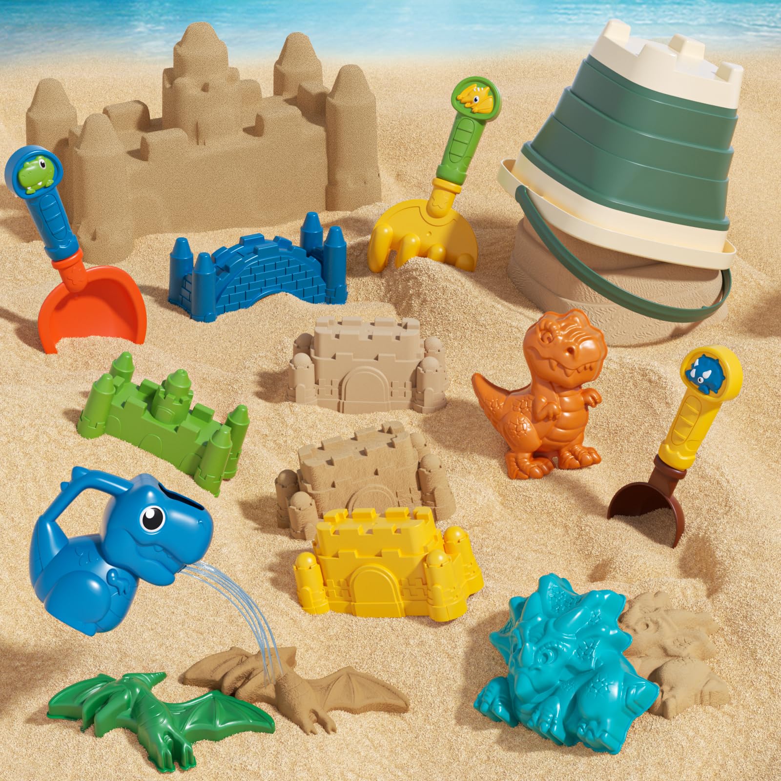 YOOYID – Set De Plage 13 Pièces – Seaux Pliables, Moules Dinosaures, Pelle, Râteaux, Arrosoir – Pour Bac à Sable, Intérieur/extérieur