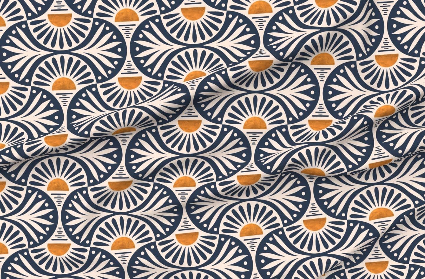 Spoonflower Fabric - Sunset and Leaves Scallops Geometric Yellow Sunrise Tropical Navy Blue Printed on Minky Fabric by The Yard - Sewing Baby Blankets Quilt Backing Plush