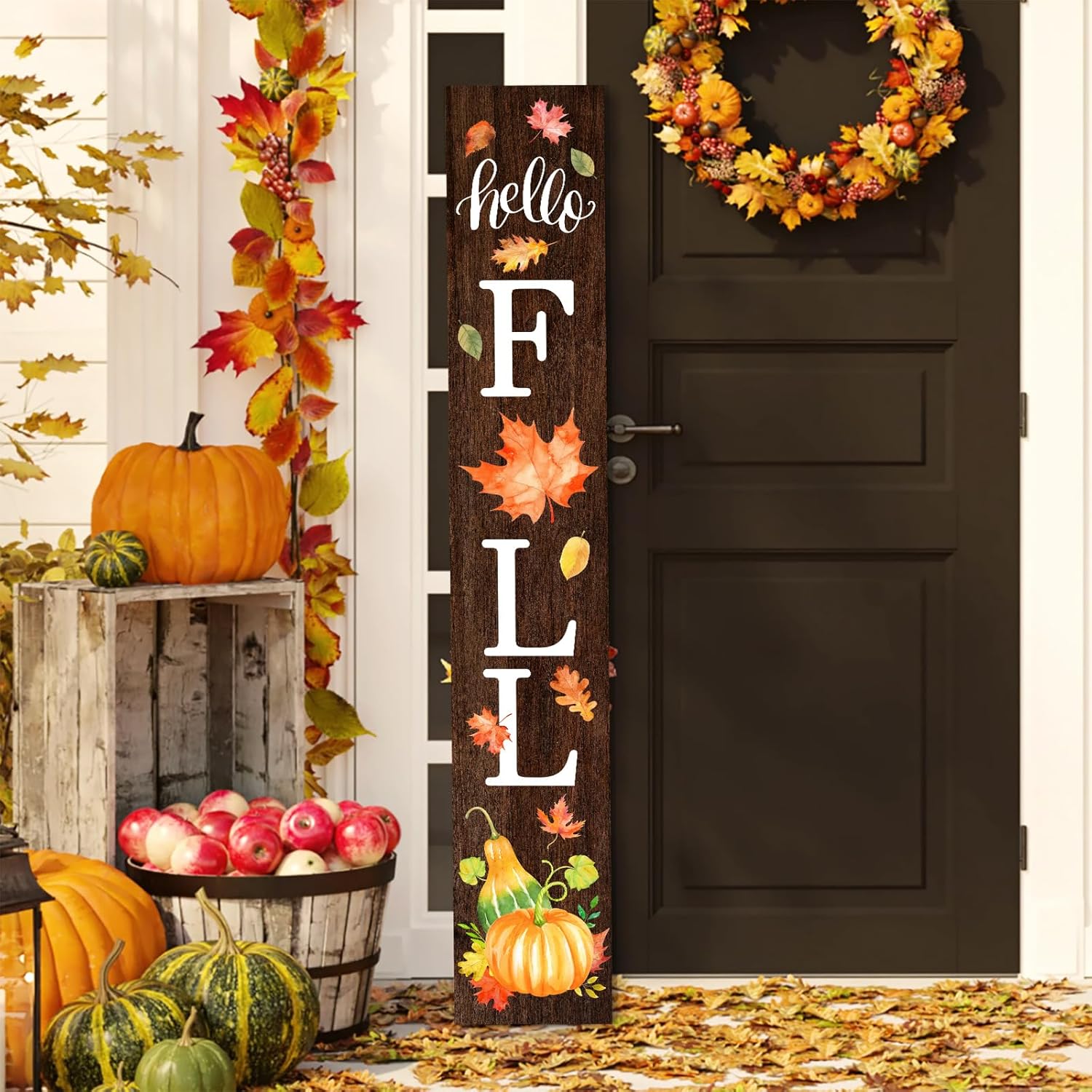 Hello Fall Welcome Sign for Front Porch Standing, Wooden Porch Sign with Leaves for Front Door Decorations, Rustic Farmhouse Hanging Wall Sign for Harvest Thanksgiving Decor 47.2"H 47.2 IN Fall