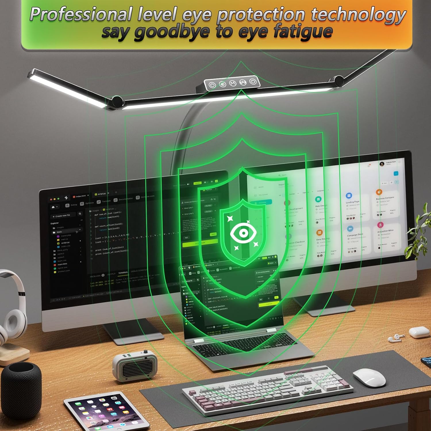 Architect Lamp with Clamp, Double Head Computer Monitor Gooseneck Desk Light with Remote Control, 24W Flexible Dimmable LED Desktop Table Lamp