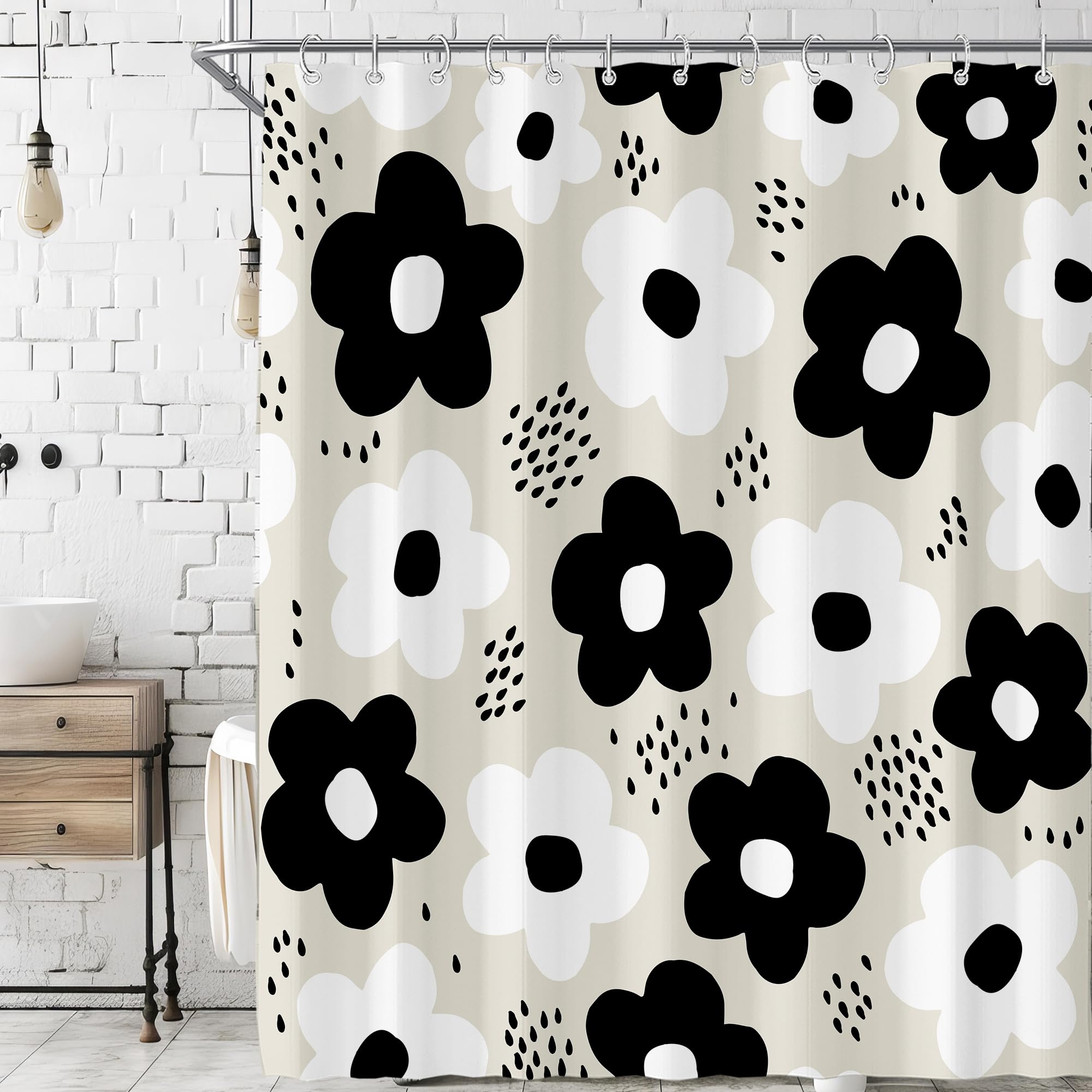 Black White Abstract Cute Retro Flower Boho Floral Shower Curtain for Bathroom 72W*72H Inch Vintage Funky 70s Modern Minimalist Aesthetic Bathtub