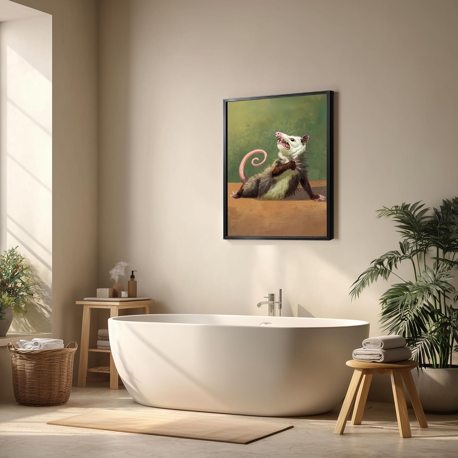 Funny Opossum Wall Art – Framed Canvas Print – Humorous Animal Bathroom Decor for Restroom or Toilet Room 16x20inch-Black Framed