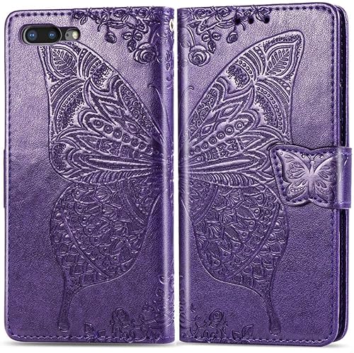 Miniatura 5 de Funda diseñada para iPhone 8 PlusiPhone 7 Plus, funda de piel sintética con soporte en relieve de mariposa, ranuras para tarjetas, correa de muñeca