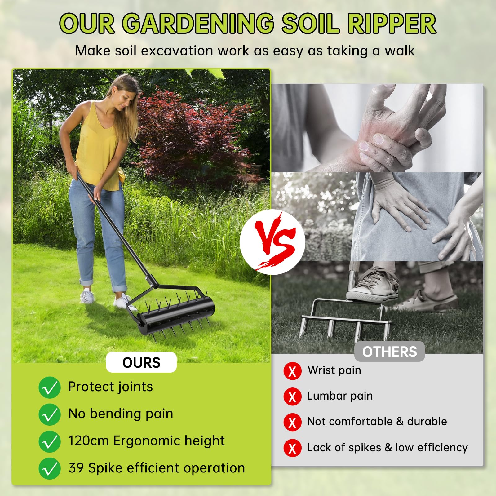 Rodillo Aerificador Manual para Césped 44 x 141 cm – Escarificador Manual con 39 Púas (5,8 cm) y Mango – Rodillo Airificador – Descompactador para Jardín, Patio, Terraza