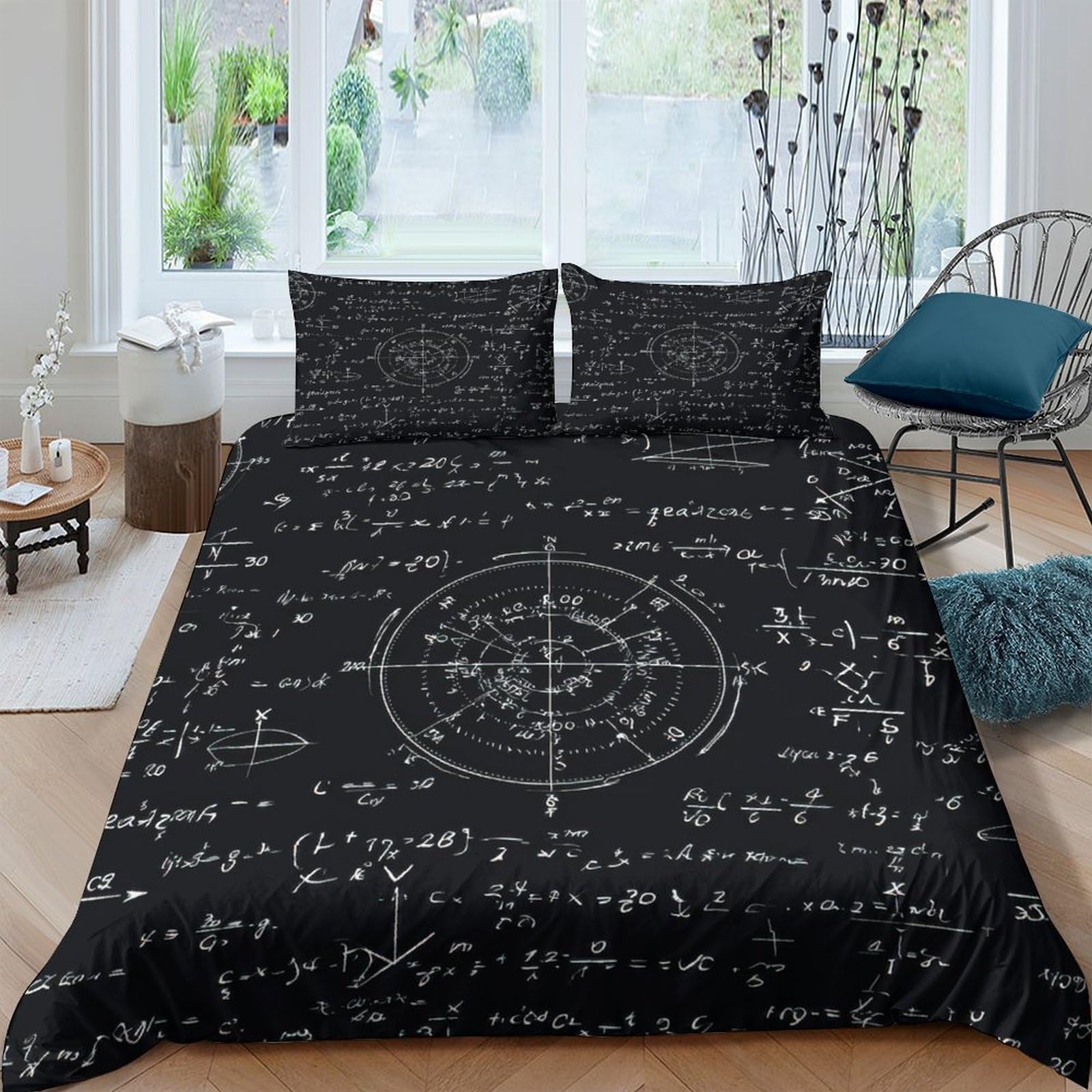 Ctjqhvkz Style-4 3D Printed Mathematical Formula Fitted Sheet Microfiber Black Science Geometry Bed Cover For Bedroom Dorm Easy Care Single（135X200cm）