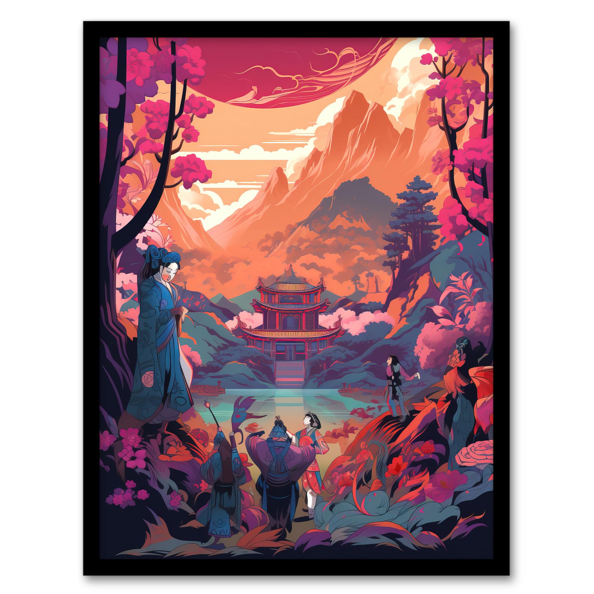 Artery8 Traditional Kabuki Theatre Performance Scene Painting Vivid Pink Purple Orange Blue Temple in Dramatic Japanese Mountain Lake Landscape Artwork Framed Wall Art Print A4