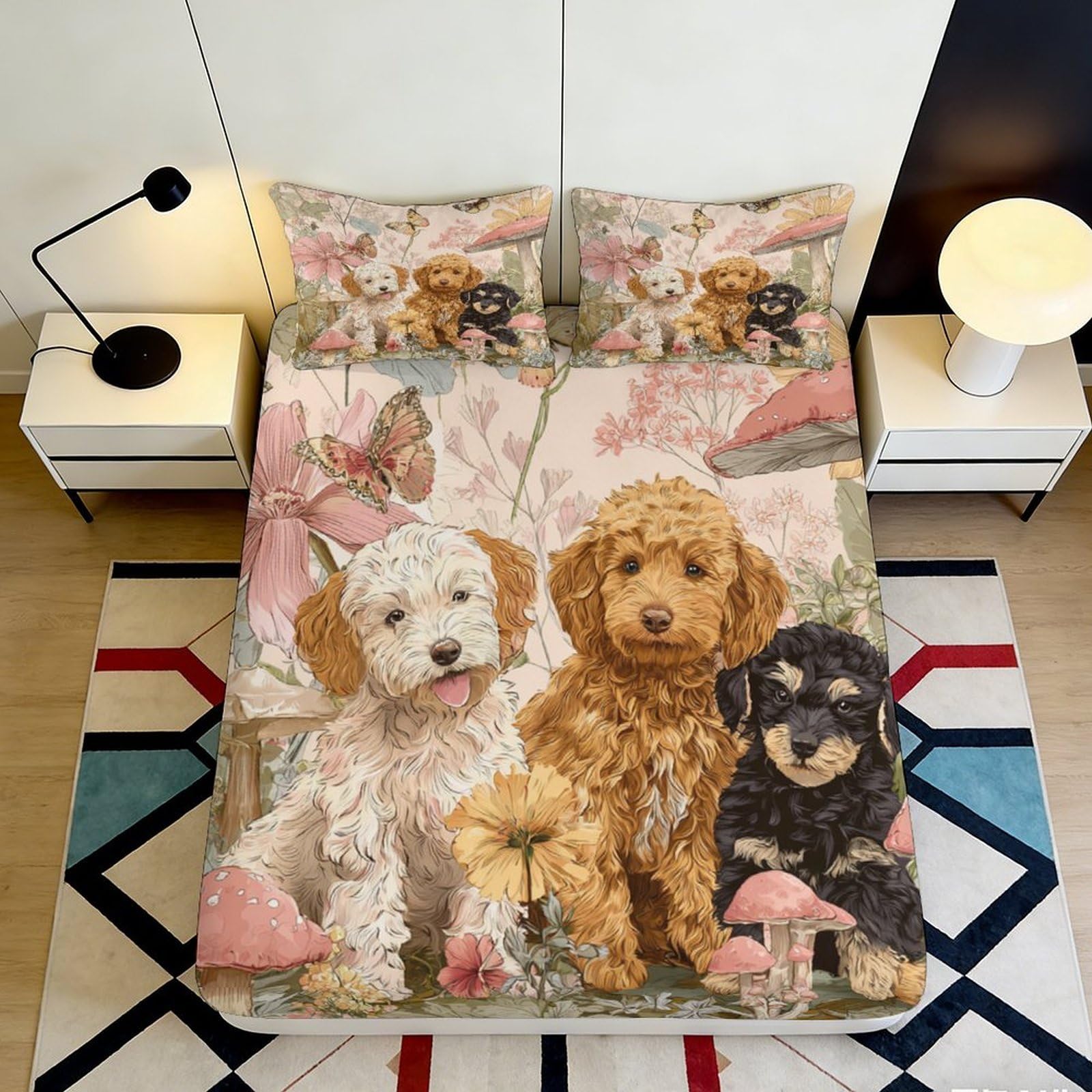 3D Printed Cute Puppy Fitted Sheet Microfiber Deep Pocket for Adults Bedroom Bedding Cartoon Dog Mattress Fitted Cover 90x200x25cm