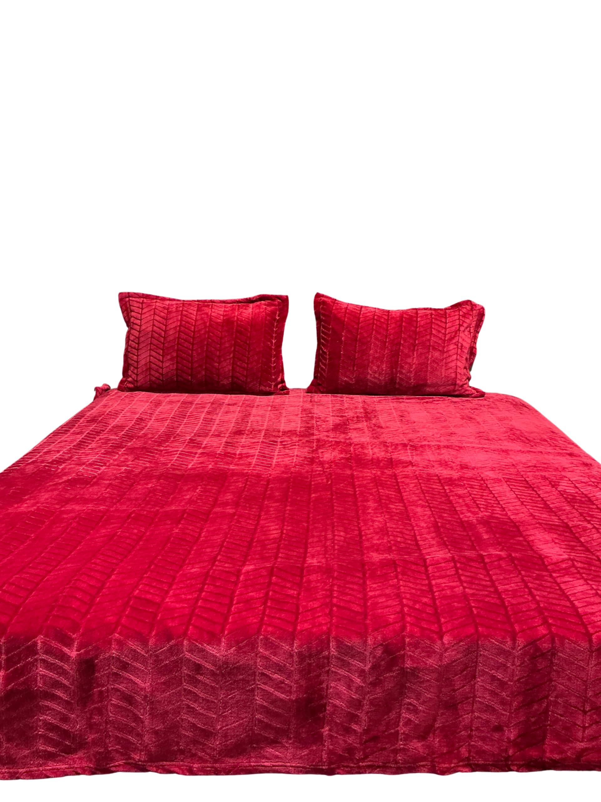 Crimson Red Velvet Bedspread Set with Embossed Chevron Pattern, Includes 2 Pillow Shams-image-18