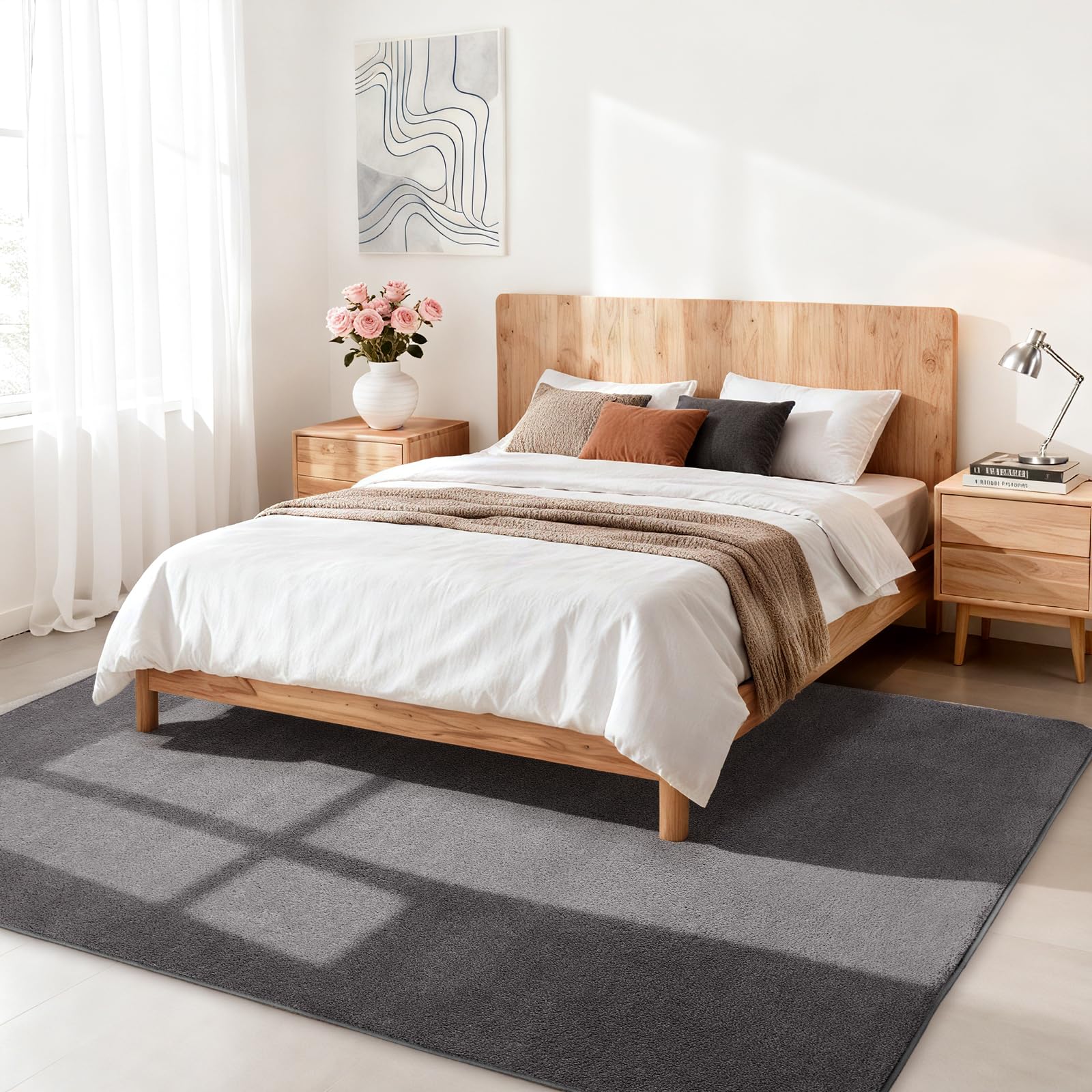 Wohnzimmerteppich, Kurzflor Teppiche Wohnzimmer Deko Flauschiger Weich Waschbarer & Anti-Rutsch Modern Einfarbiges Teppich für Schlafzimmer, Kinderzimmer, Bettvorleger Matte, 200x280cm, Dunkelgrau
