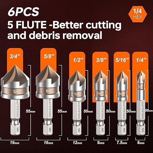 Miniatura 7 de Juego de brocas avellanadas M2 cobalto HSS, 6 piezas de vástago hexagonal de cambio rápido de 14 pulgadas para metal, madera, acero inoxidable,