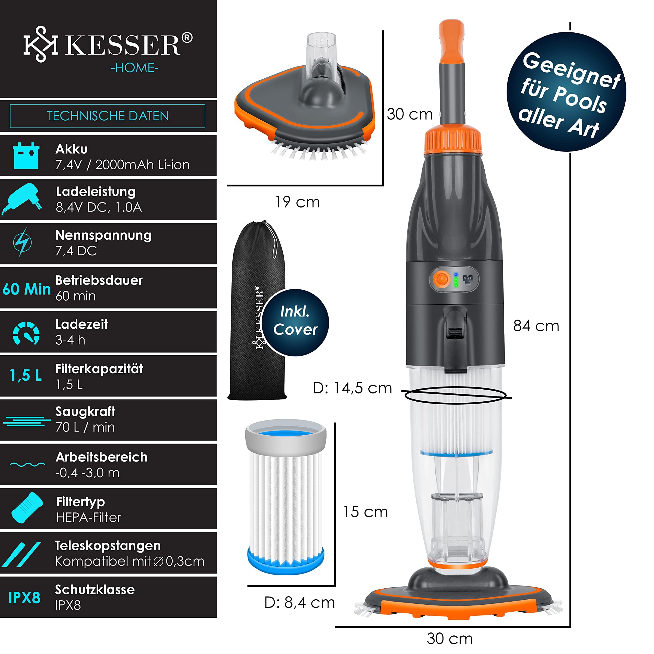 KESSER® Poolsauger mit Akku | elektrische Pool Bodensauger | Poolreiniger mit Filter & 2-Geschwindigkeits-System | Handsauger Reinigungsset kabellos bis zu 15m³