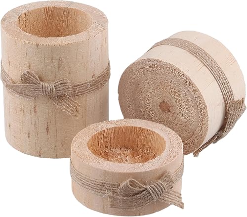 Miniatura 6 de FUNSUEI Paquete de 12 portavelas de madera para velas de té, 3 tamaños, portavelas votivas de madera, portavelas de tronco de madera, portavelas