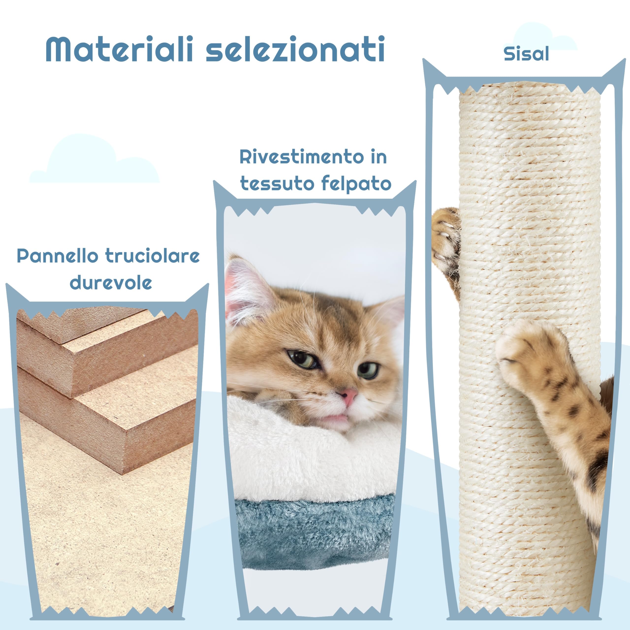 Yaheetech Albero Tiragraffi per Gatti 115 cm con 2 Posatoi Amaca Cuccia a Forma di Squalo Corda di Sisal Naturale Stile Oceano Gioco Blu Bianco